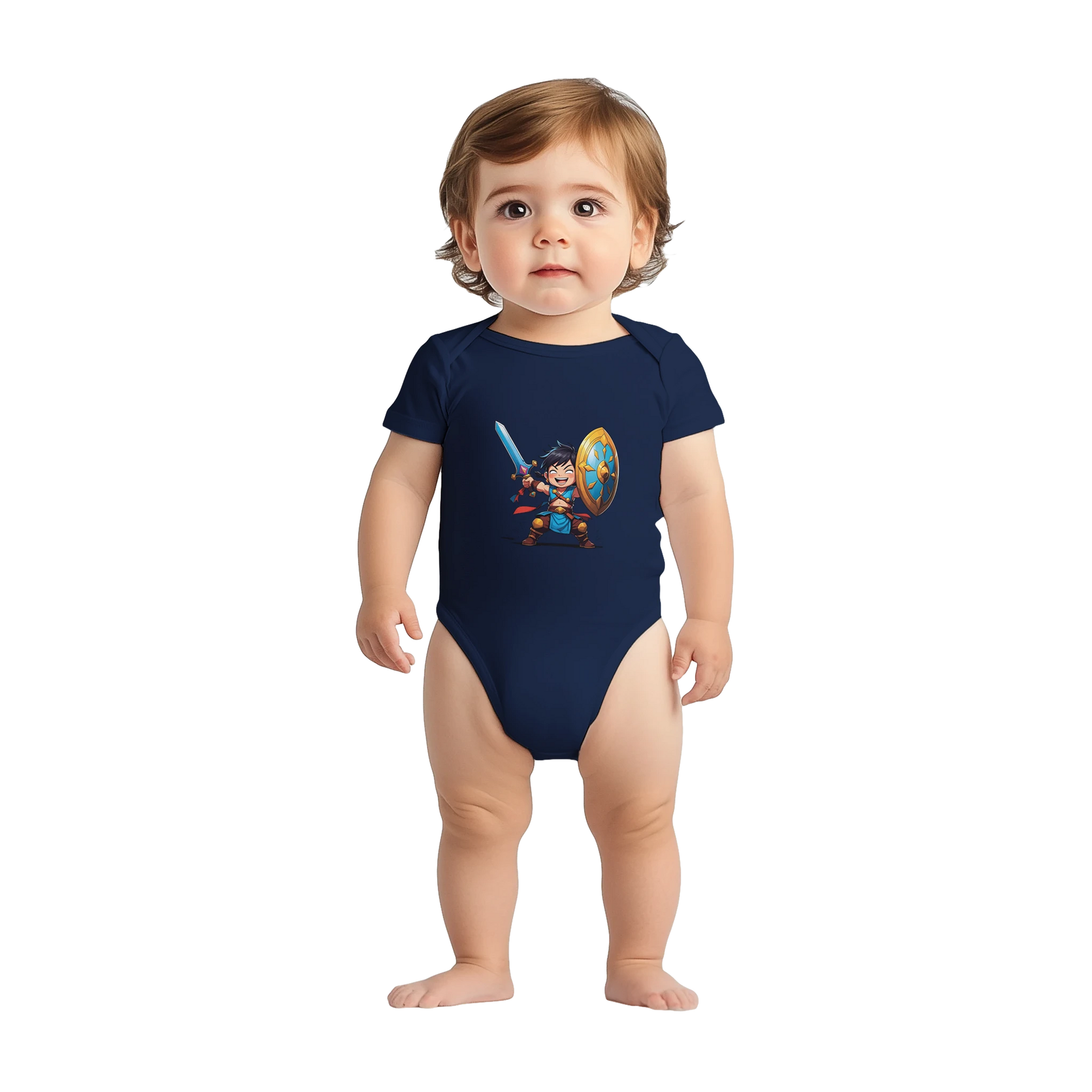 Baby bodysuit featuring a D&D-inspired fighter design with the subclass "Stick Sword Specialist." Illustrated with playful weapons and bold fantasy style
