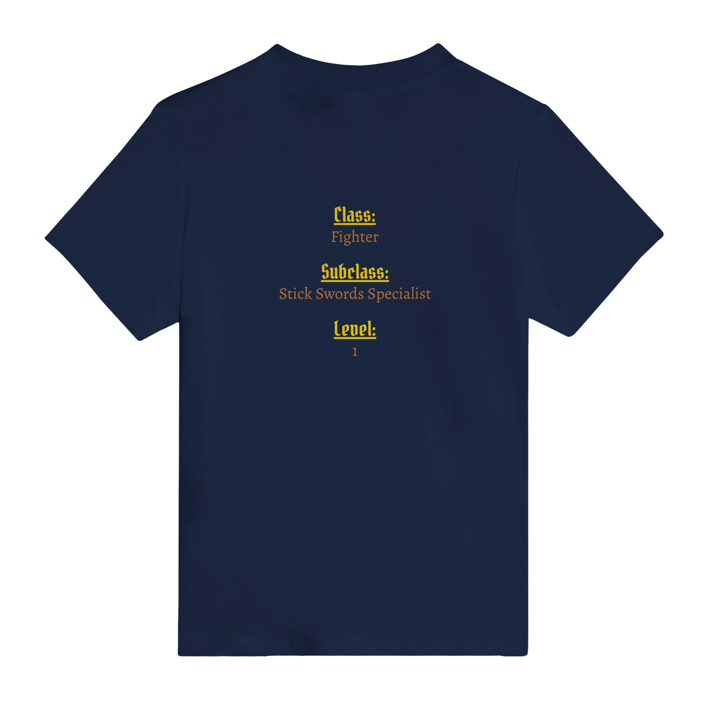 Baby t-shirt featuring a D&D-inspired fighter design with the subclass "Stick Sword Specialist." Illustrated with playful weapons and bold fantasy style