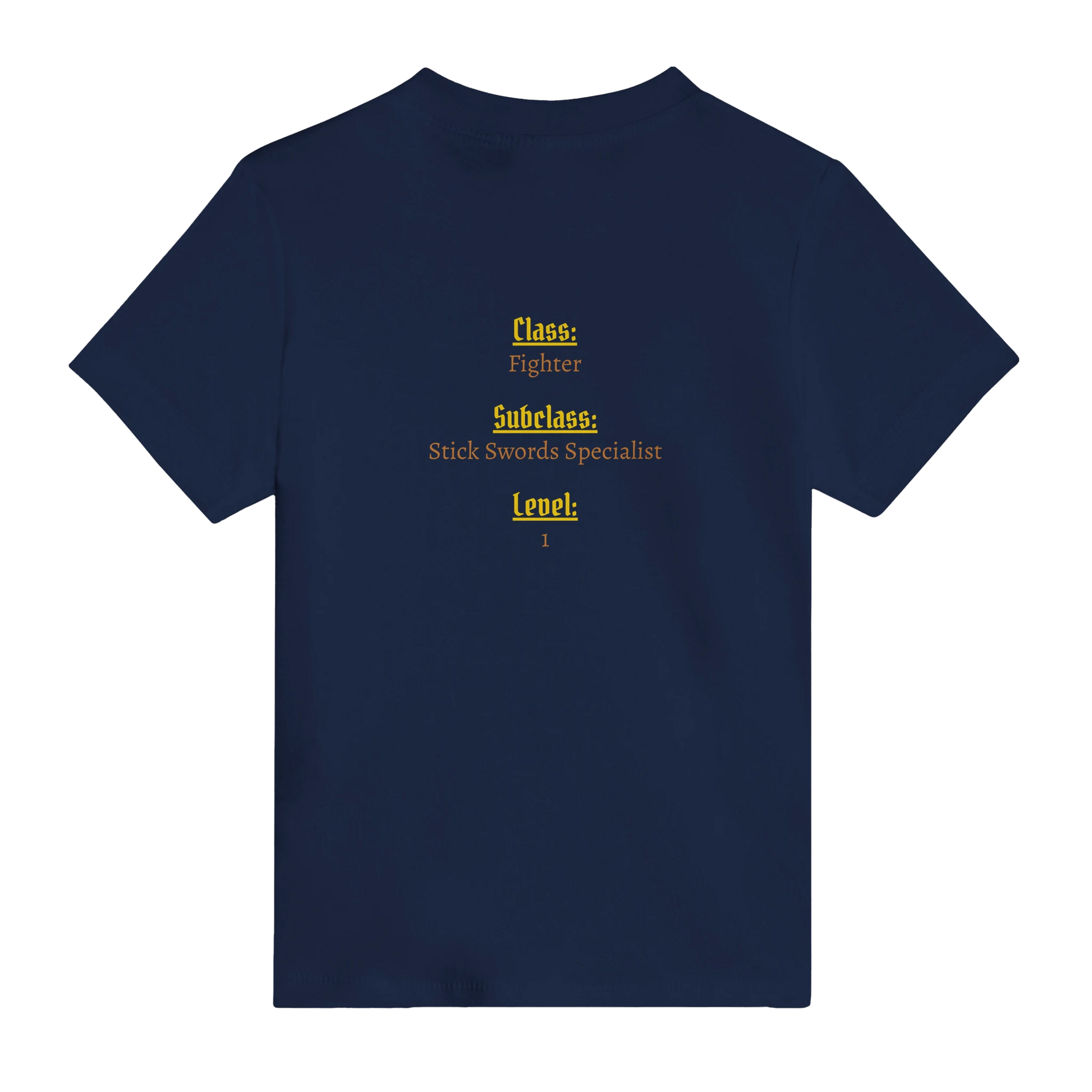 Baby t-shirt featuring a D&D-inspired fighter design with the subclass "Stick Sword Specialist." Illustrated with playful weapons and bold fantasy style