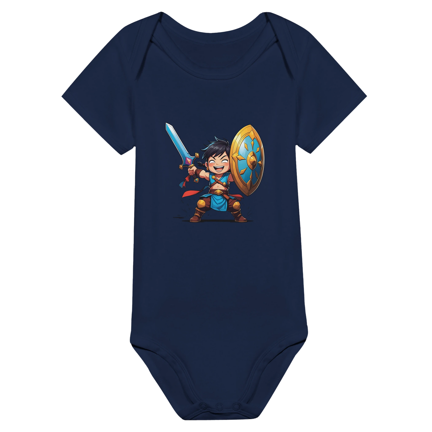 Baby onsie featuring a D&D-inspired fighter design. Includes fantasy-themed artwork with bold weapons and playful, adventurous style for little warriors.