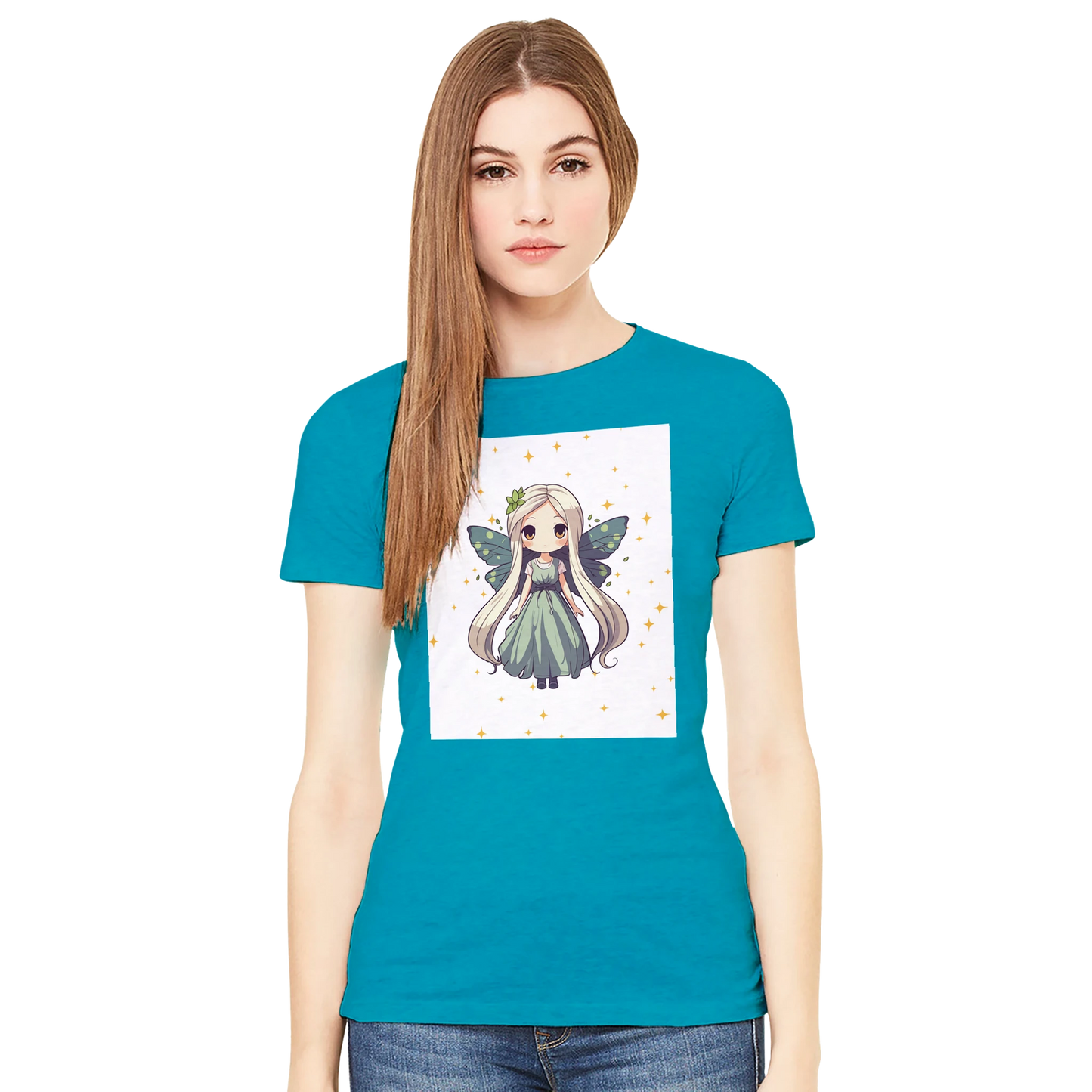 Chibi-style fairy princess graphic design on women's t-shirt, magical fantasy character illustration