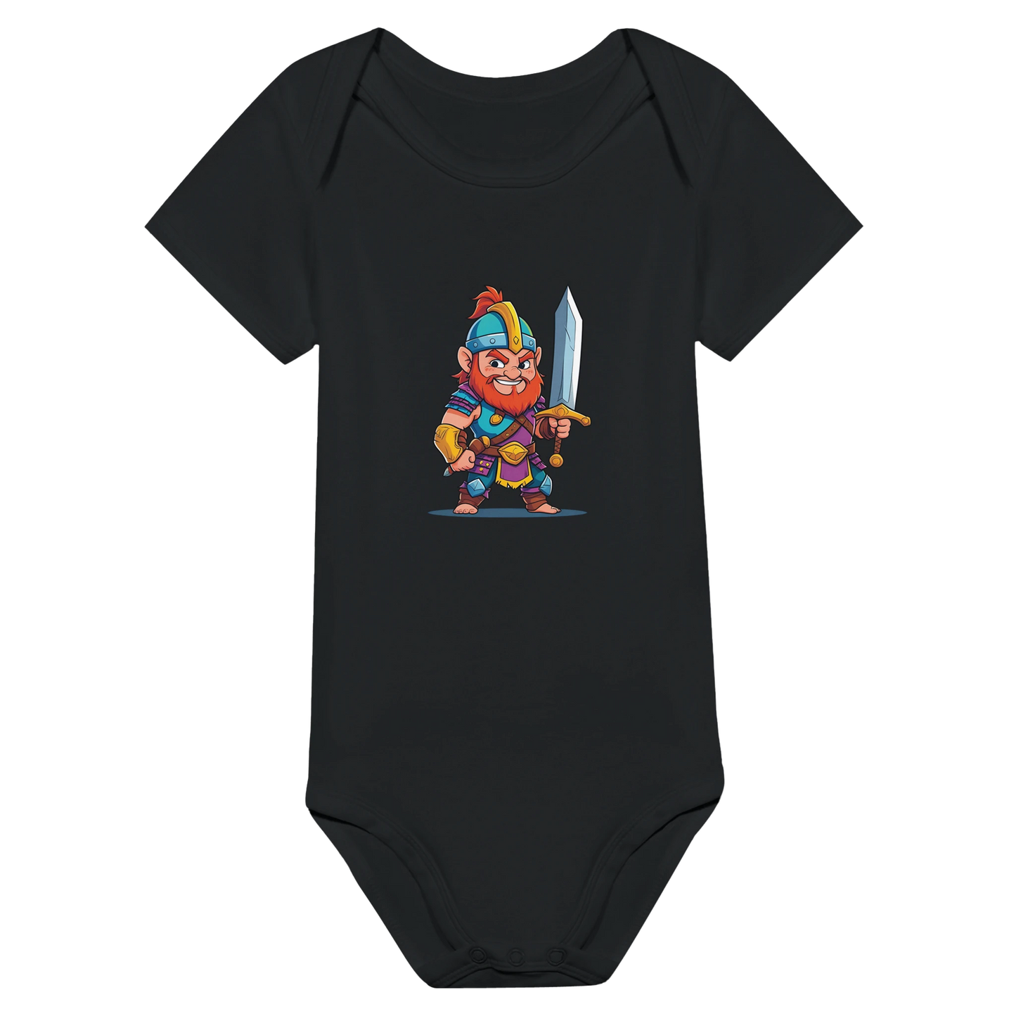 Baby onsie featuring a D&D-inspired fighter design. Includes fantasy-themed artwork with bold weapons and playful, adventurous style for little warriors.