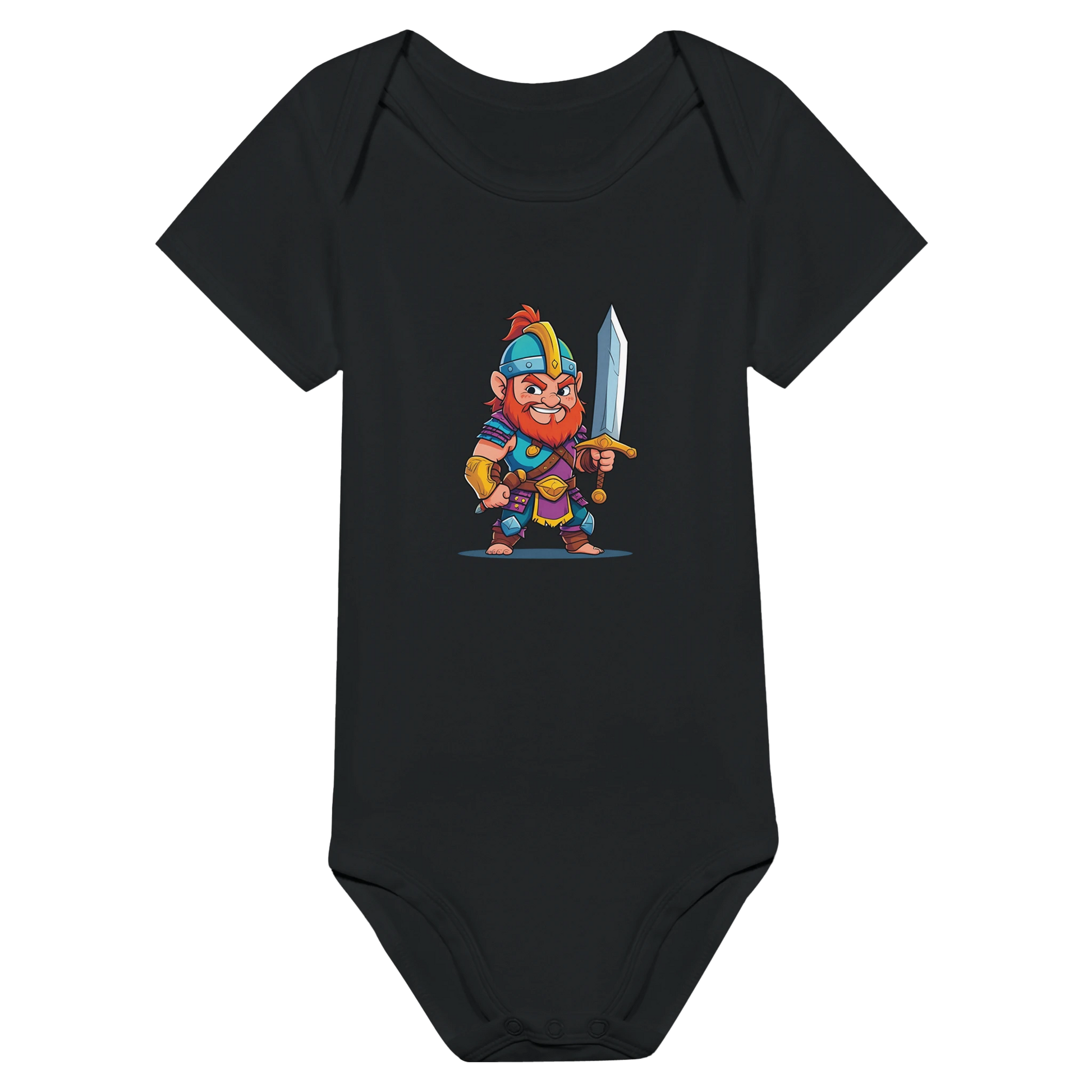 Baby bodysuit featuring a D&D-inspired fighter design with the subclass "Stick Sword Specialist." Illustrated with playful weapons and bold fantasy style