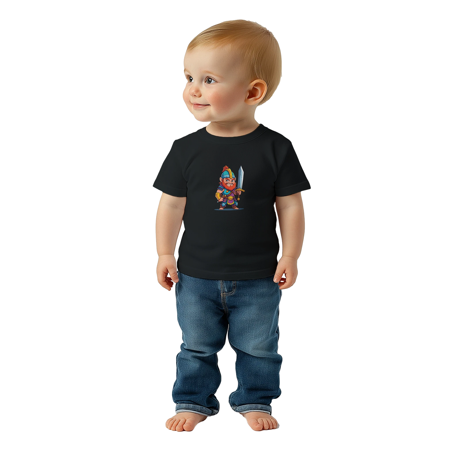 Baby shirt featuring a D&D-inspired fighter design. Includes fantasy-themed artwork with bold weapons and playful, adventurous style for little warriors.
