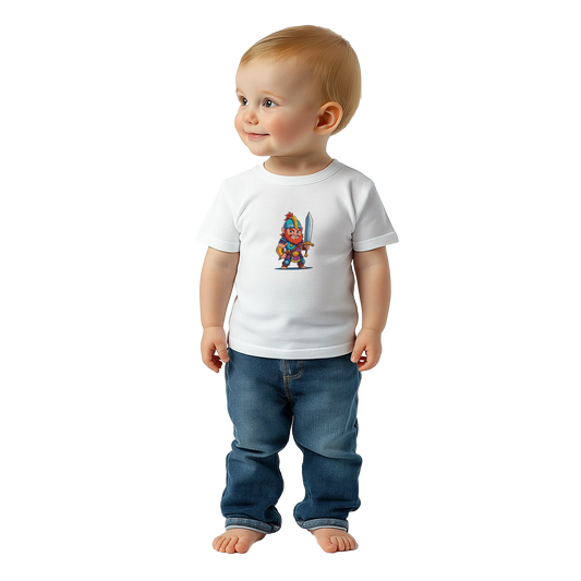 Baby shirt featuring a D&D-inspired fighter design. Includes fantasy-themed artwork with bold weapons and playful, adventurous style for little warriors.