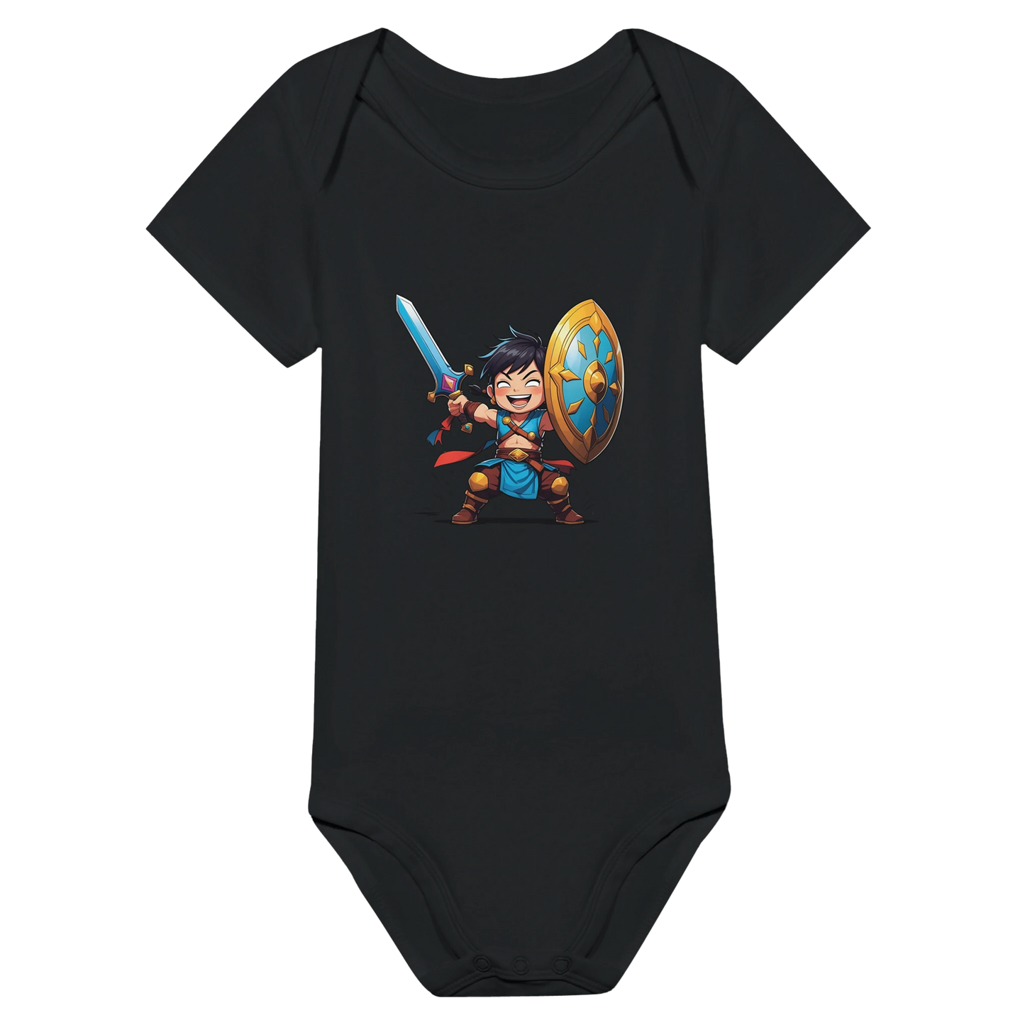 Baby bodysuit featuring a D&D-inspired fighter design with the subclass "Stick Sword Specialist." Illustrated with playful weapons and bold fantasy style