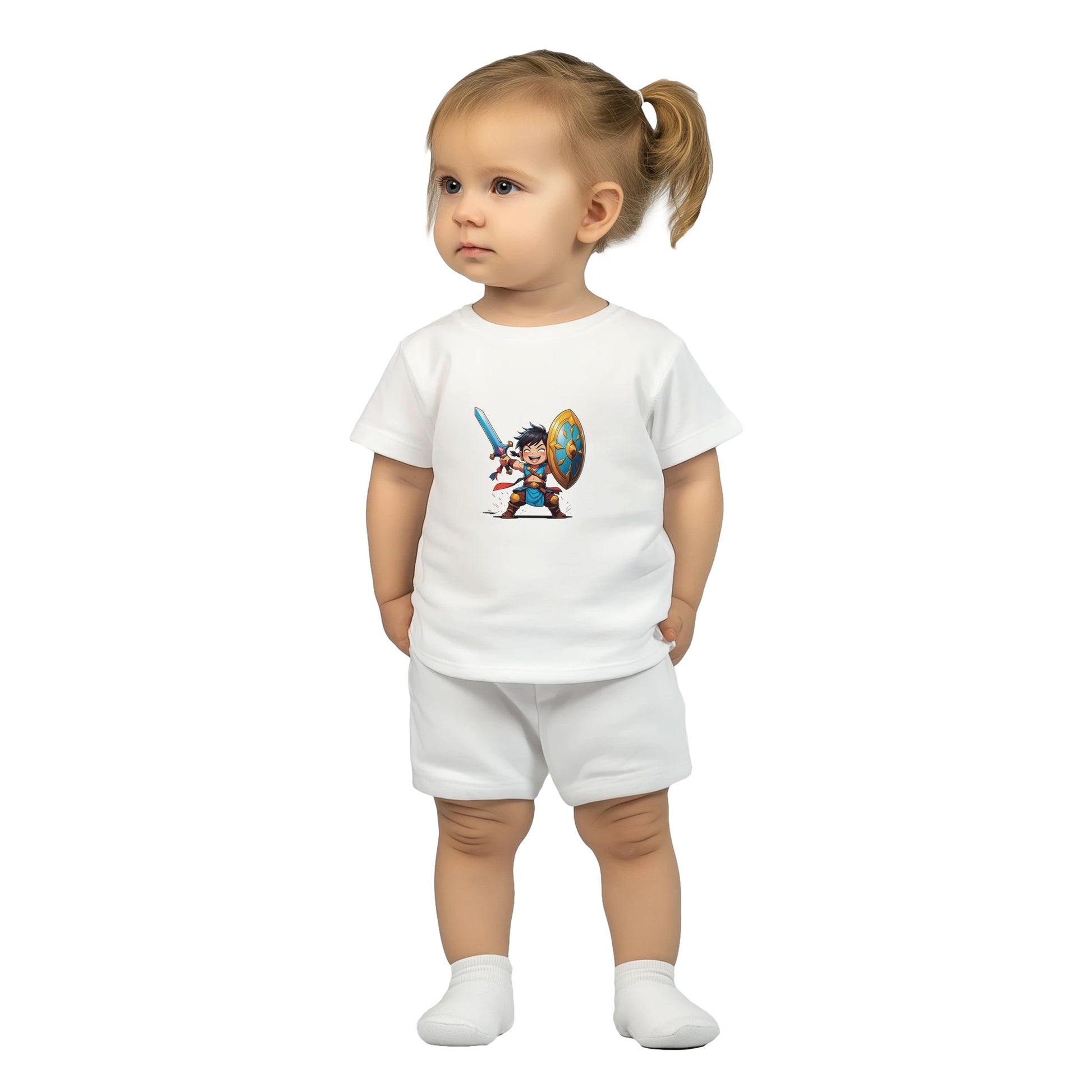 Baby shirt featuring a D&D-inspired fighter design. Includes fantasy-themed artwork with bold weapons and playful, adventurous style for little warriors.
