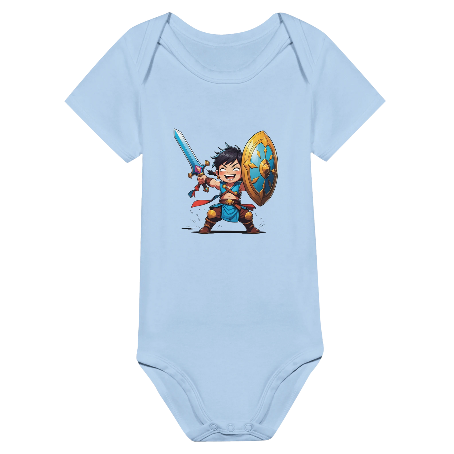 Baby onsie featuring a D&D-inspired fighter design. Includes fantasy-themed artwork with bold weapons and playful, adventurous style for little warriors.