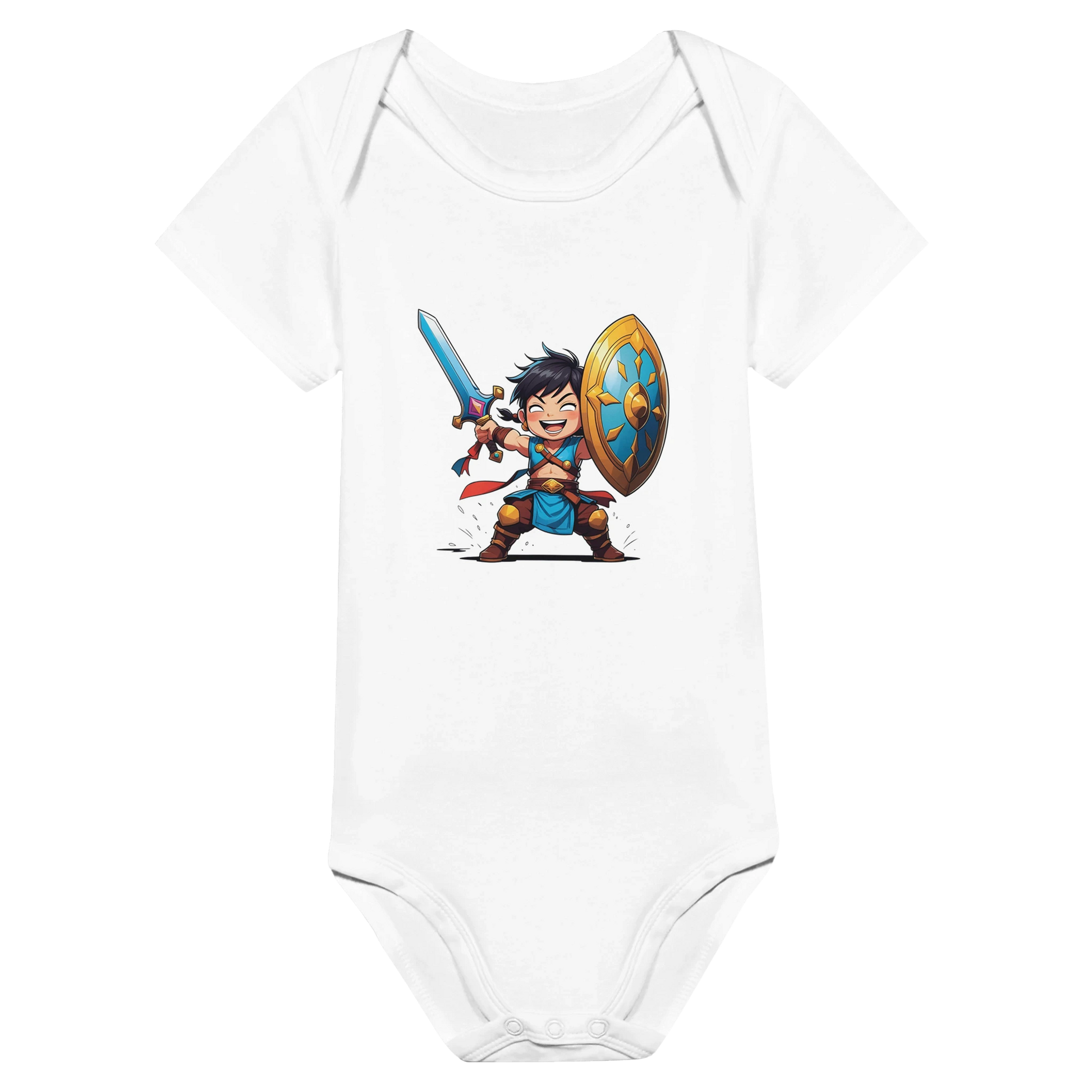 Baby onsie featuring a D&D-inspired fighter design. Includes fantasy-themed artwork with bold weapons and playful, adventurous style for little warriors.