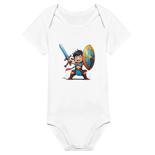 Baby onsie featuring a D&D-inspired fighter design. Includes fantasy-themed artwork with bold weapons and playful, adventurous style for little warriors.
