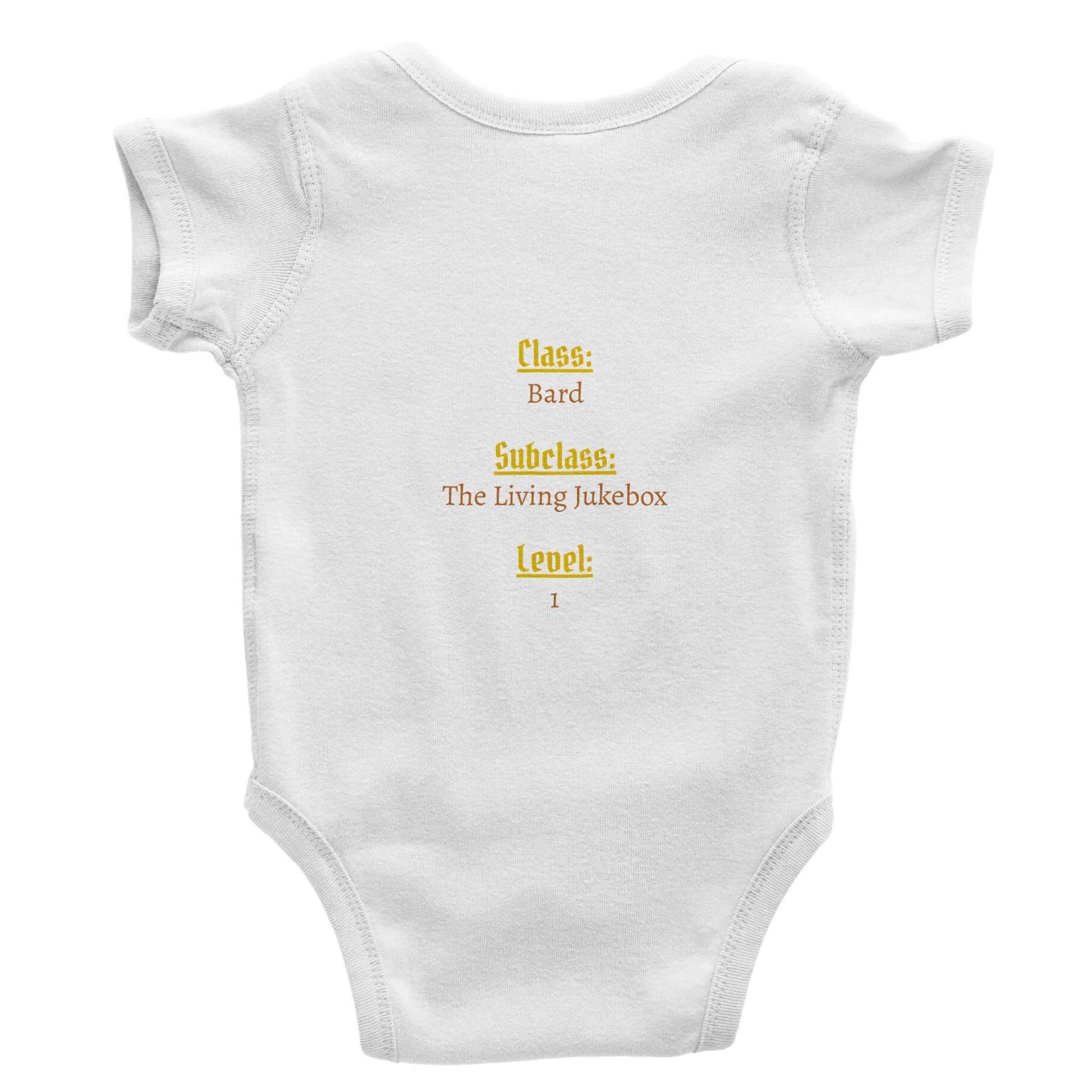 Baby onsie featuring a D&D-inspired bard design with whimsical musical elements. Ideal for little performers with a love for sound and sparkle.
