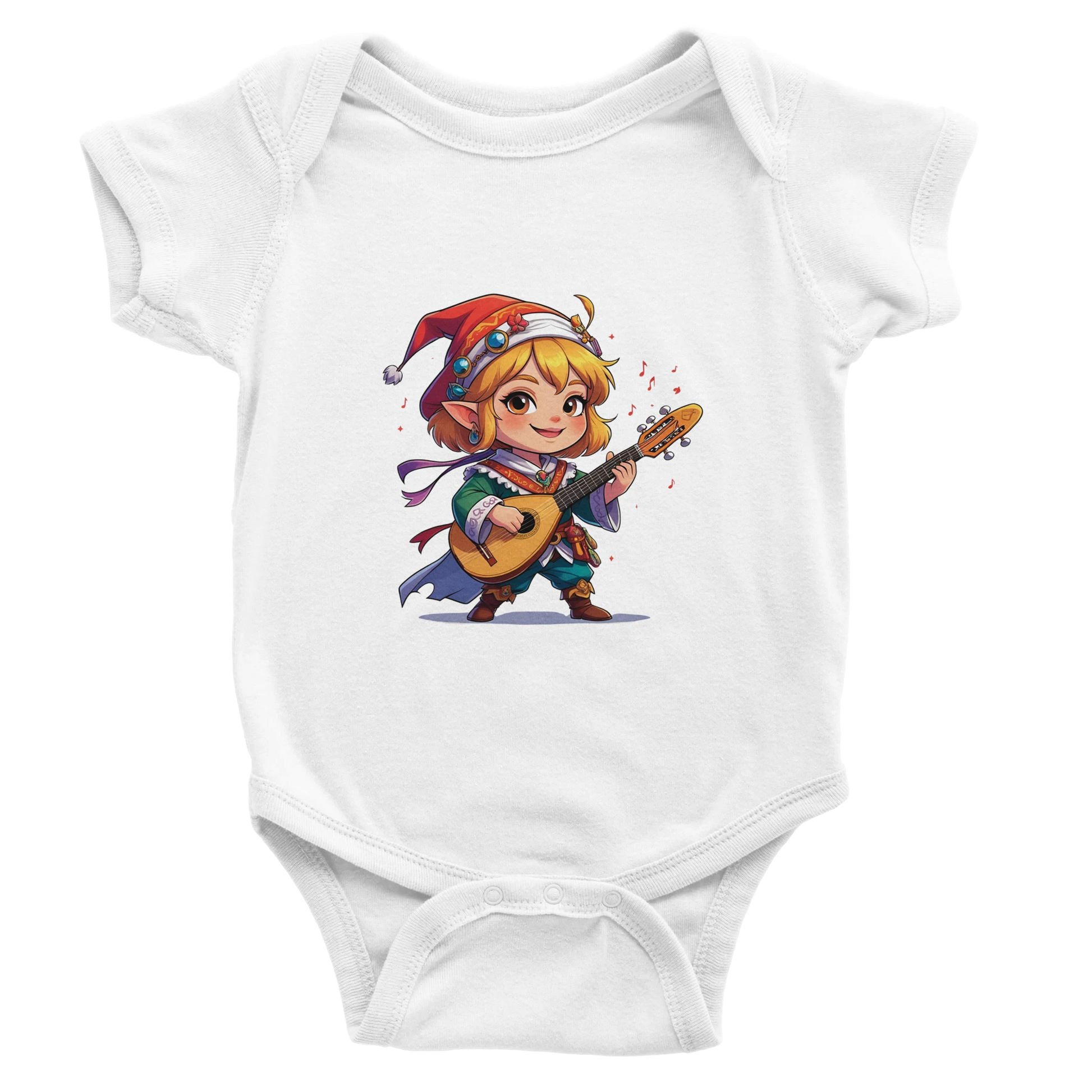 Baby onsie featuring a D&D-inspired bard design with whimsical musical elements. Ideal for little performers with a love for sound and sparkle.