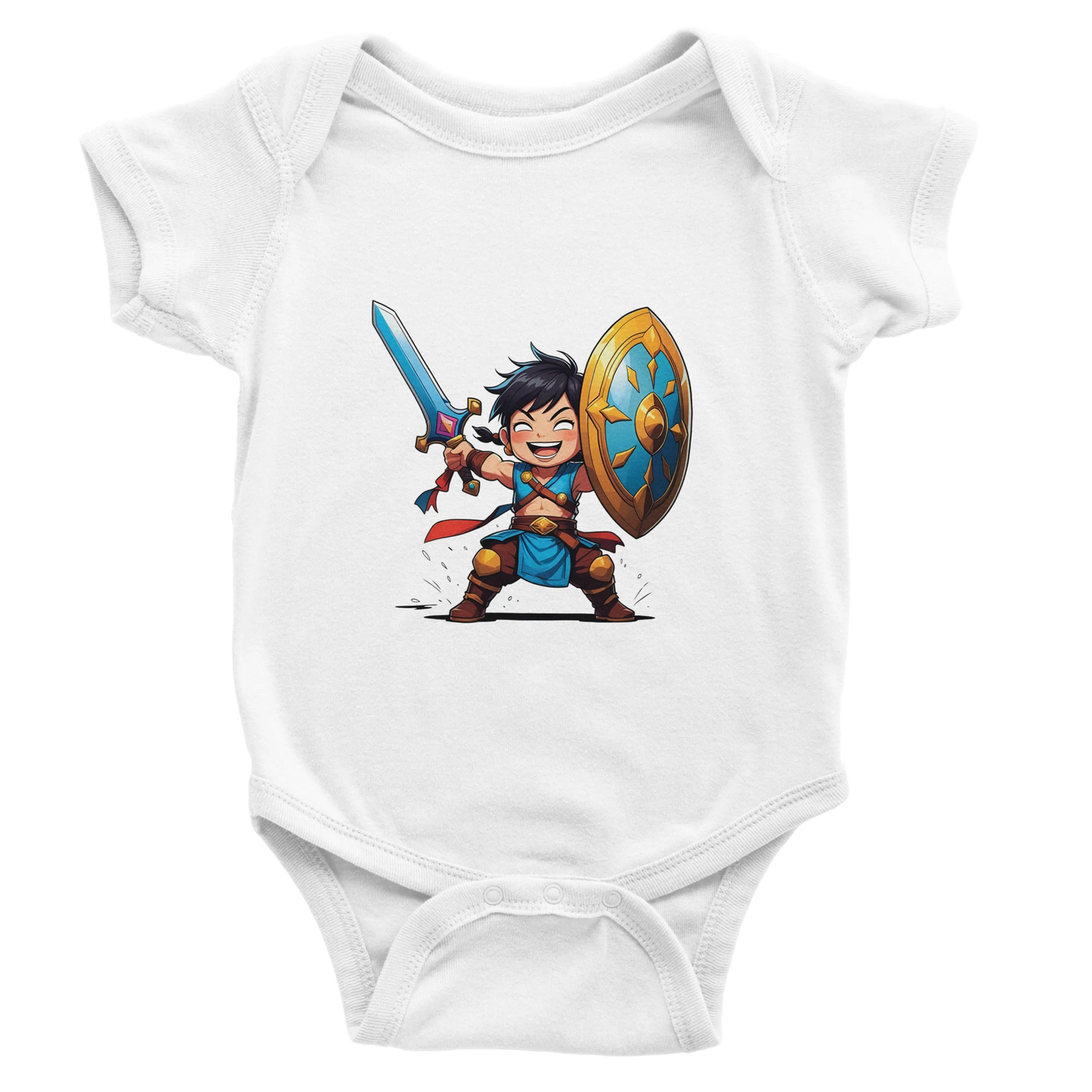 Baby onsie featuring a D&D-inspired fighter design. Includes fantasy-themed artwork with bold weapons and playful, adventurous style for little warriors.