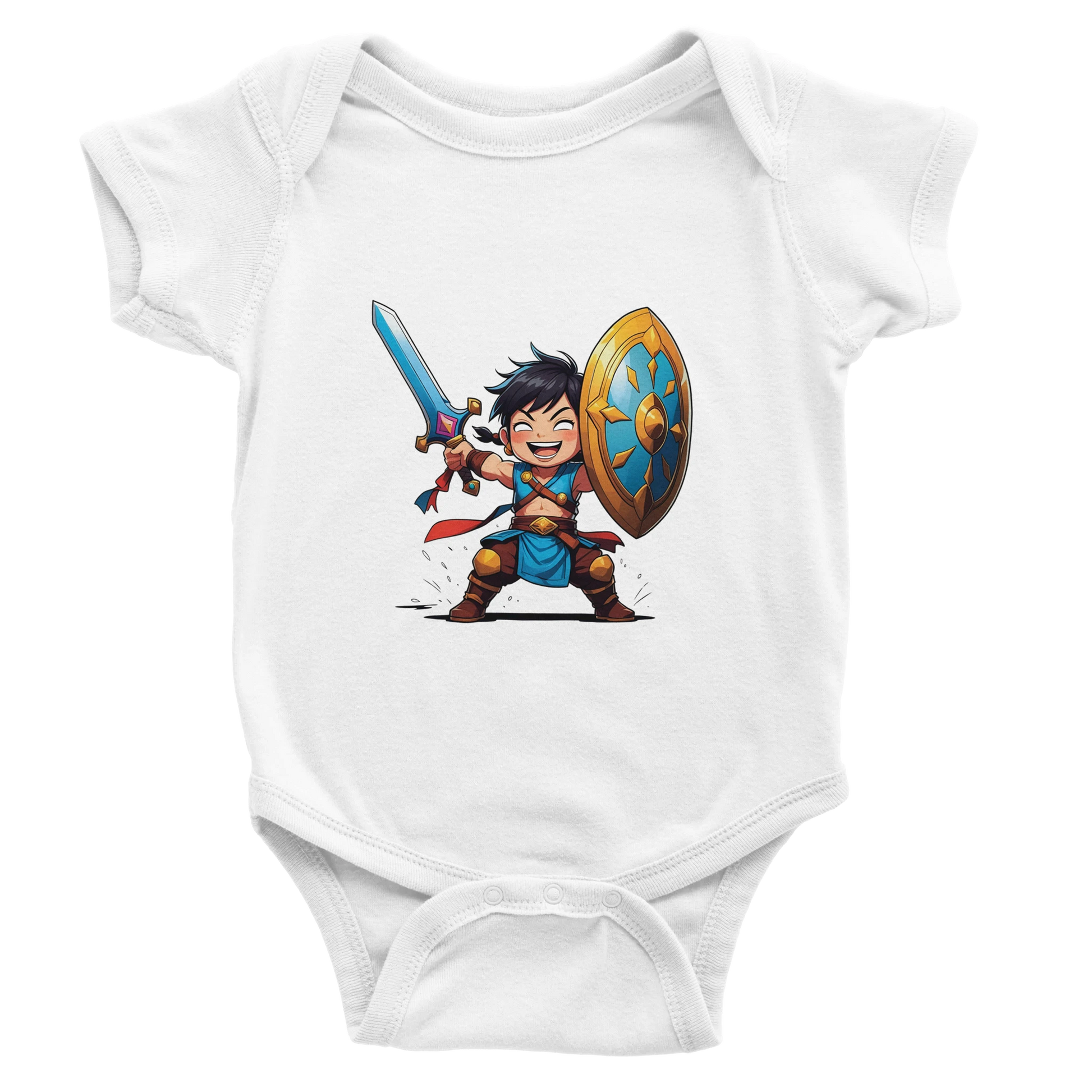 Baby onsie featuring a D&D-inspired fighter design. Includes fantasy-themed artwork with bold weapons and playful, adventurous style for little warriors.