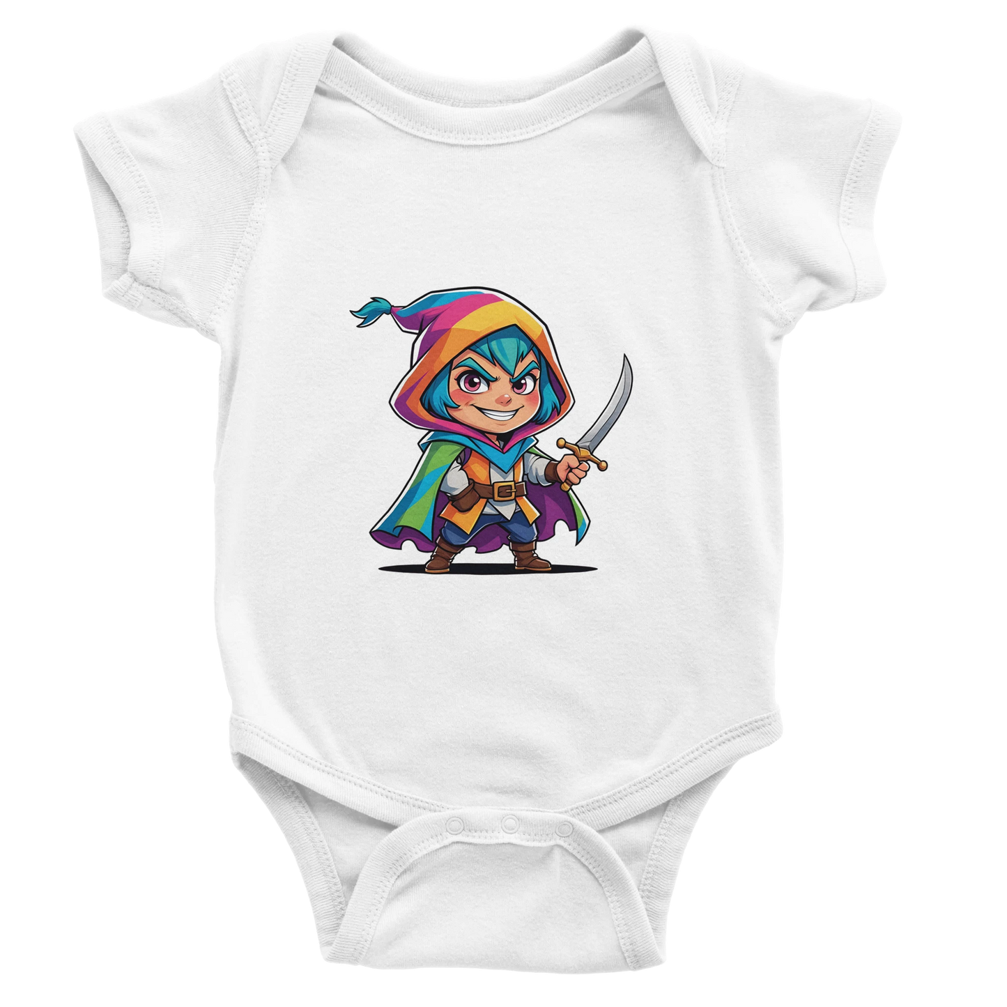 Infant bodysuit with fantasy-themed rogue. D&D-inspired baby outfit perfect for game nights, baby showers, or nerdy parents.