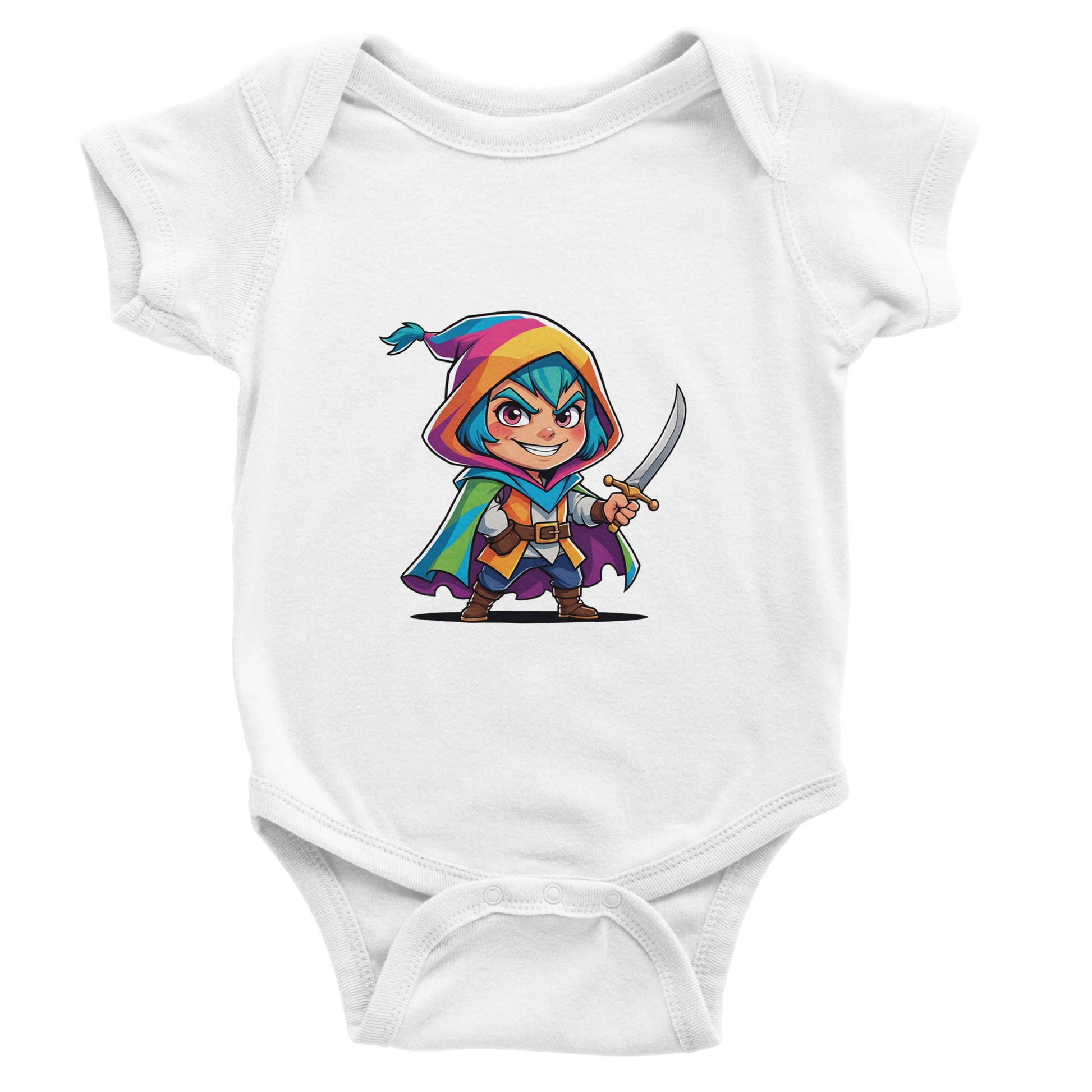 Infant bodysuit with fantasy-themed rogue. D&D-inspired baby outfit perfect for game nights, baby showers, or nerdy parents.