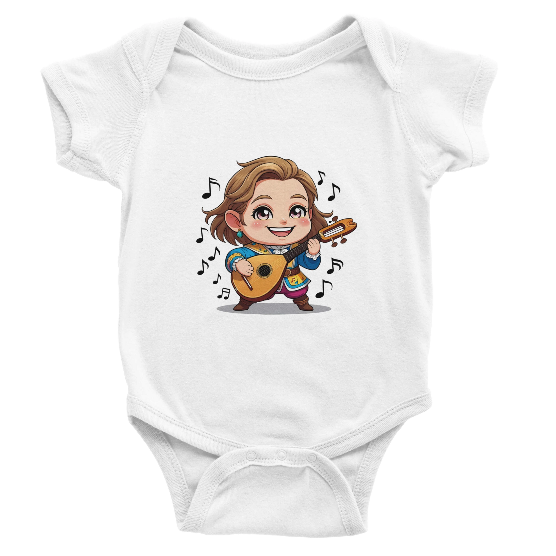 Baby onsie featuring a D&D-inspired bard design with whimsical musical elements. Ideal for little performers with a love for sound and sparkle.