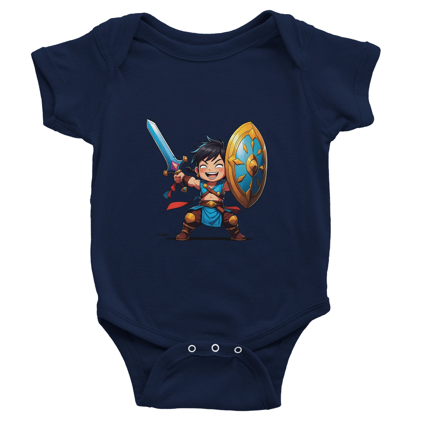 Baby bodysuit featuring a D&D-inspired fighter design with the subclass "Stick Sword Specialist." Illustrated with playful weapons and bold fantasy style