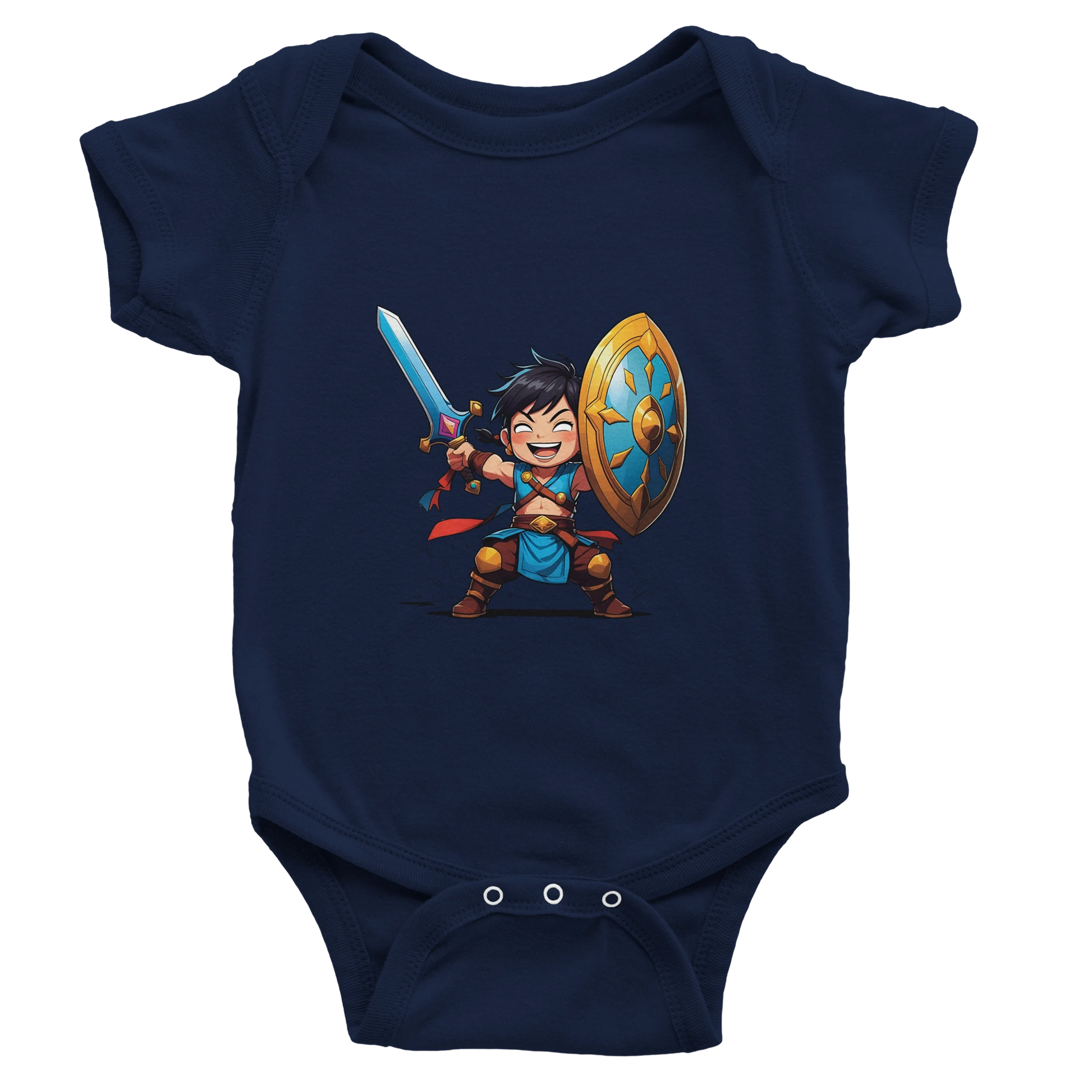 Baby bodysuit featuring a D&D-inspired fighter design with the subclass "Stick Sword Specialist." Illustrated with playful weapons and bold fantasy style