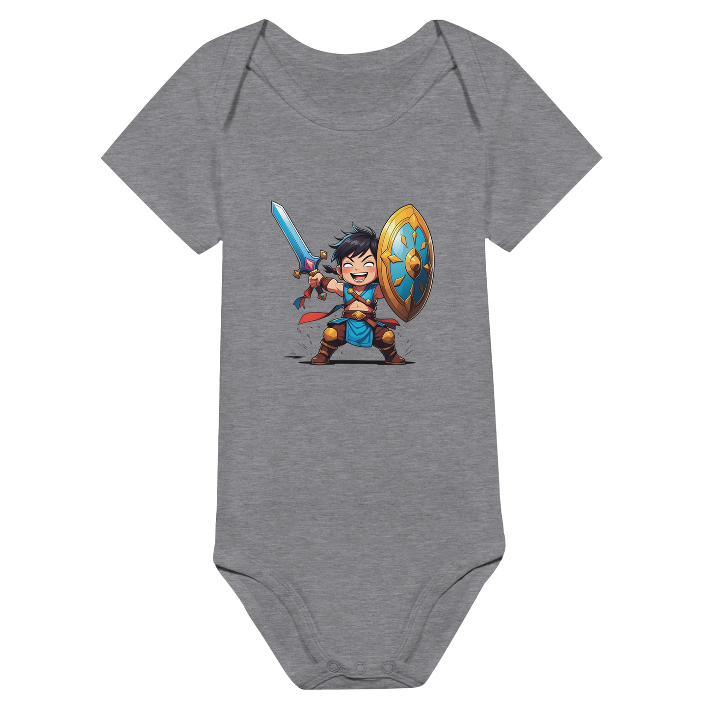 Baby onsie featuring a D&D-inspired fighter design. Includes fantasy-themed artwork with bold weapons and playful, adventurous style for little warriors.