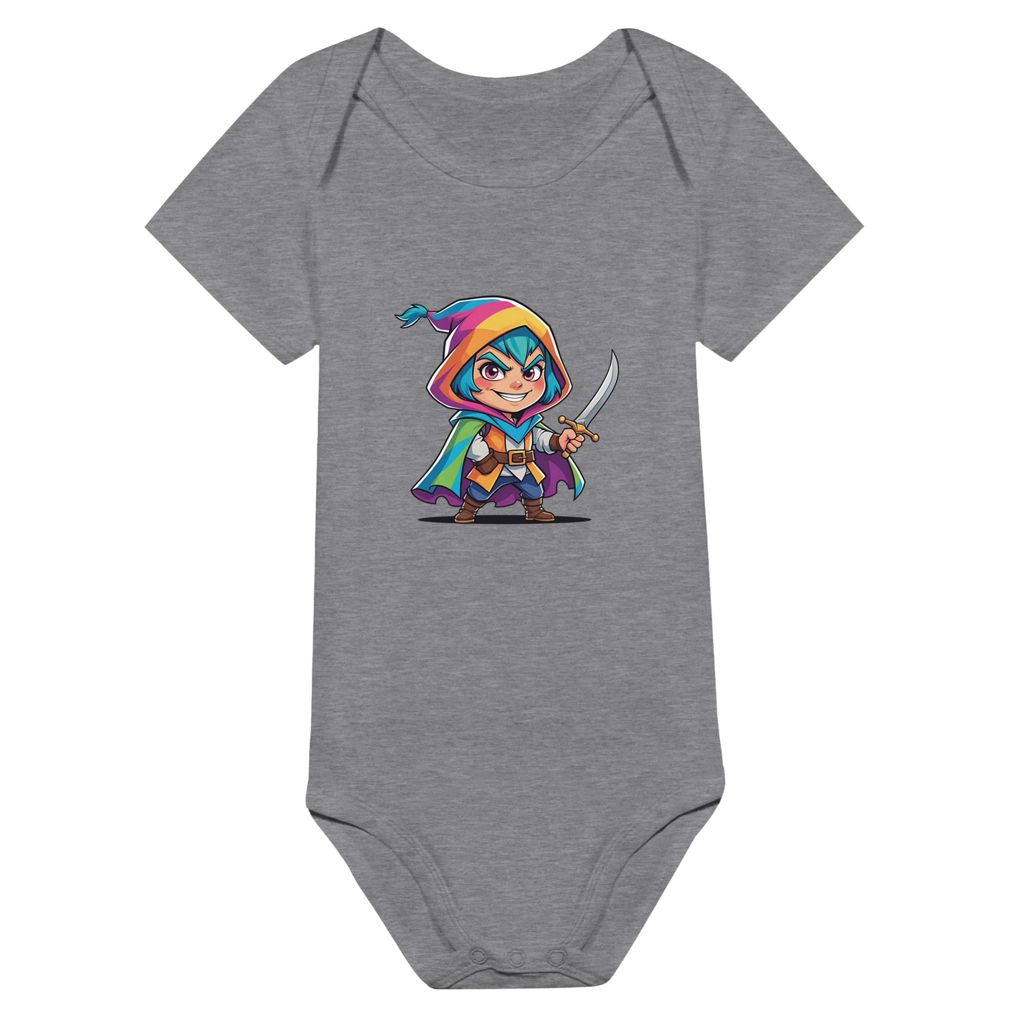 Infant bodysuit with fantasy-themed rogue. D&D-inspired baby outfit perfect for game nights, baby showers, or nerdy parents.