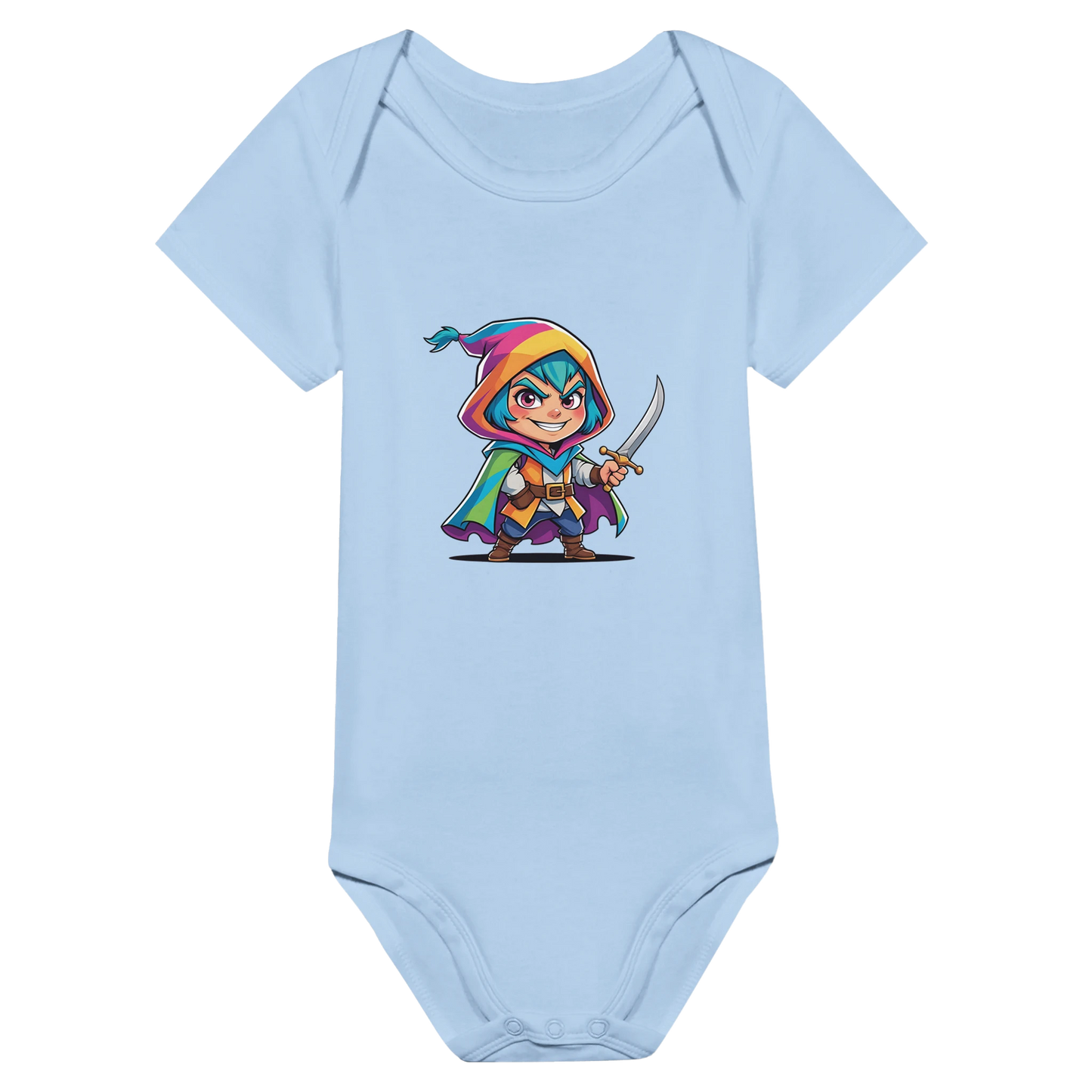 Infant bodysuit with fantasy-themed rogue. D&D-inspired baby outfit perfect for game nights, baby showers, or nerdy parents.