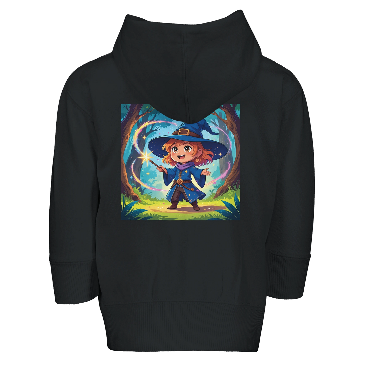 Soft fleece zip-up hoodie for toddlers featuring 'Little Sorcerer' design with magical graphics, perfect for young children of fantasy gaming families