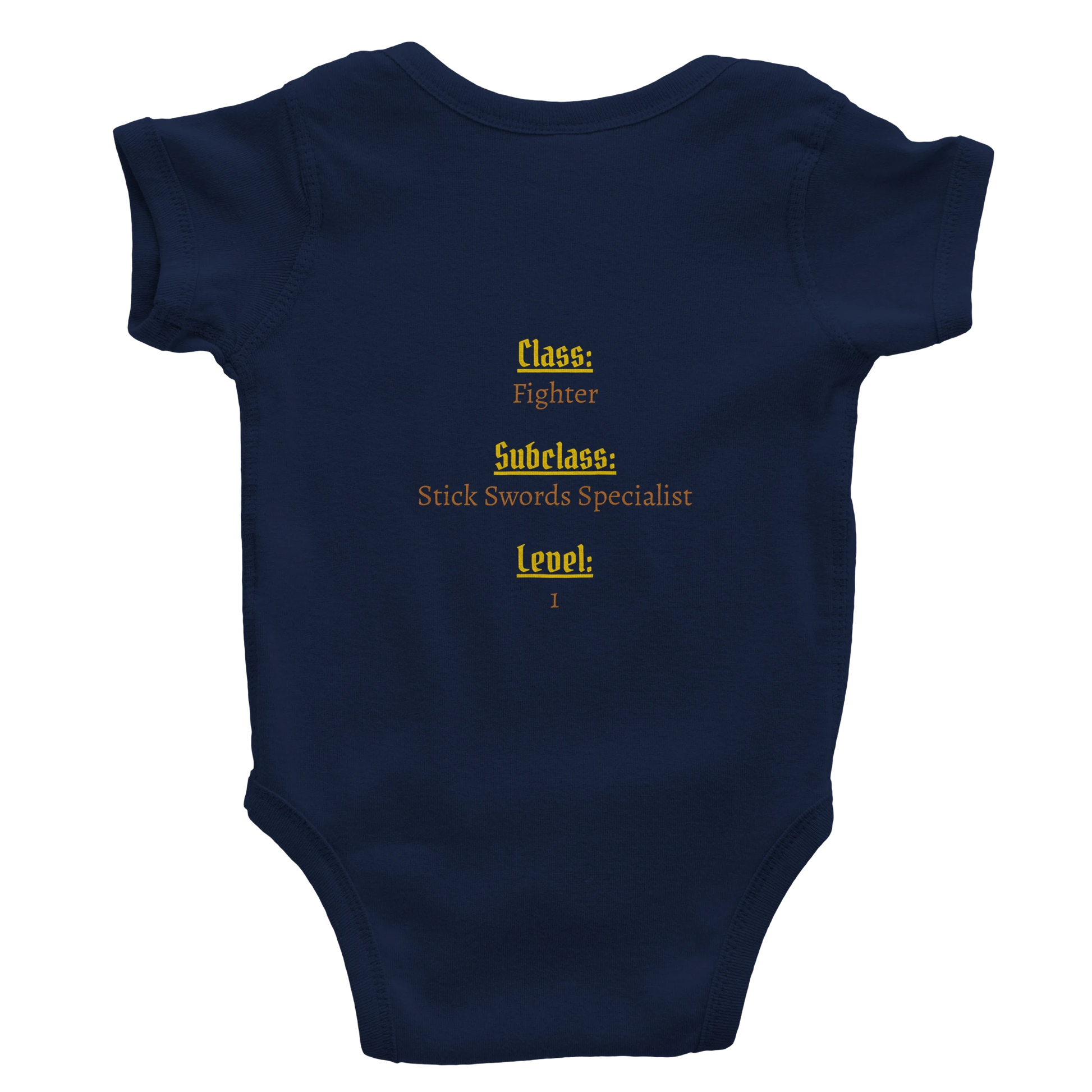 Baby bodysuit featuring a D&D-inspired fighter design with the subclass "Stick Sword Specialist." Illustrated with playful weapons and bold fantasy style