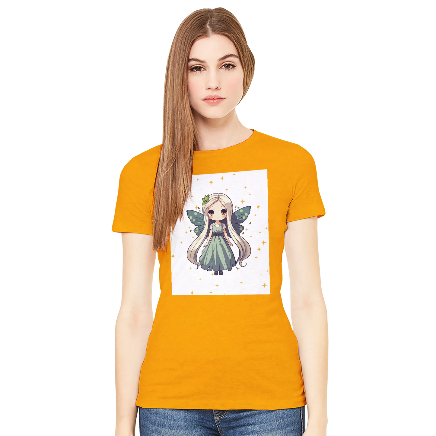 Chibi-style fairy princess graphic design on women's t-shirt, magical fantasy character illustration