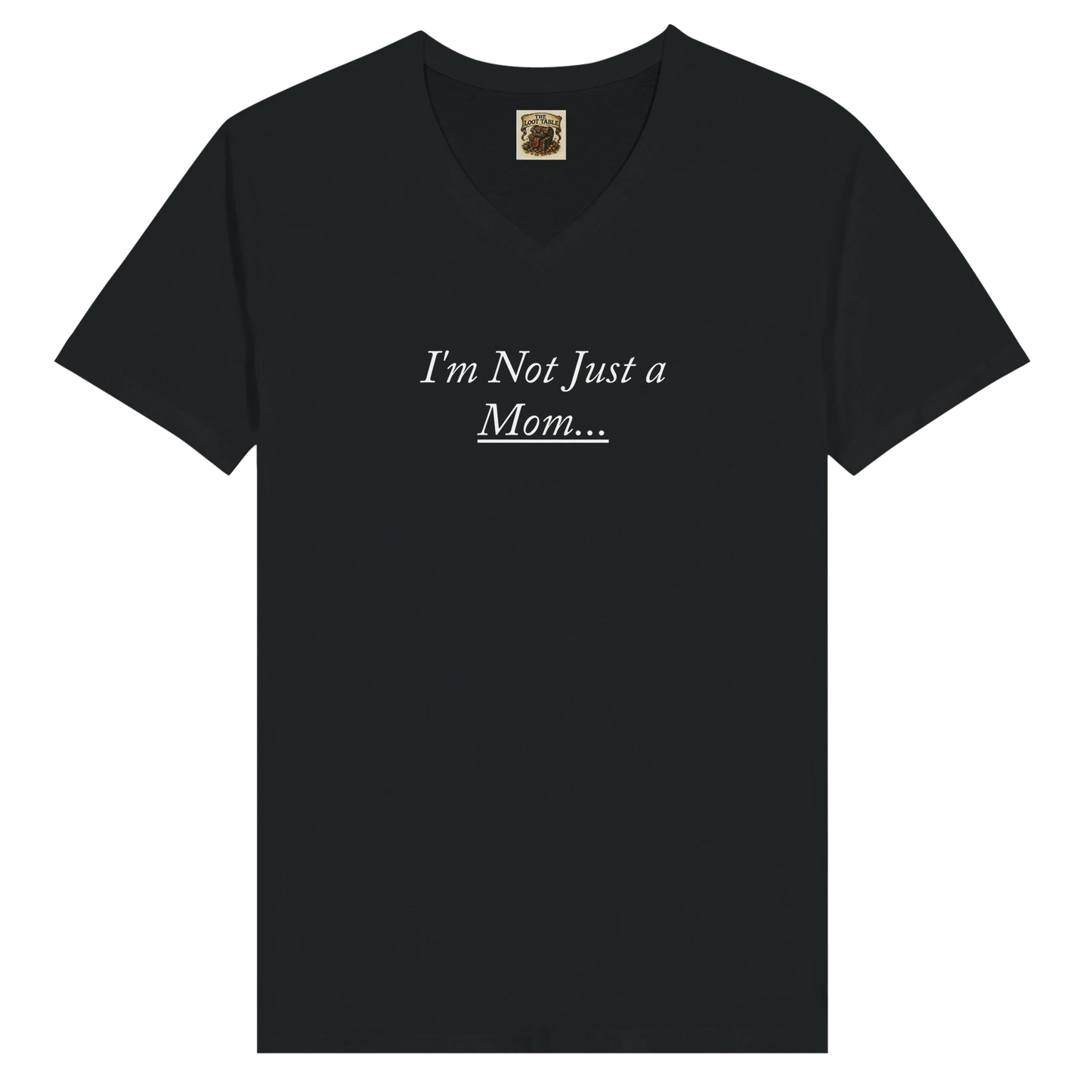 Comfortable v neck shirt featuring 'Dice Goblin Mom' text design with gaming dice graphics, perfect for tabletop gaming mothers and RPG enthusiasts.