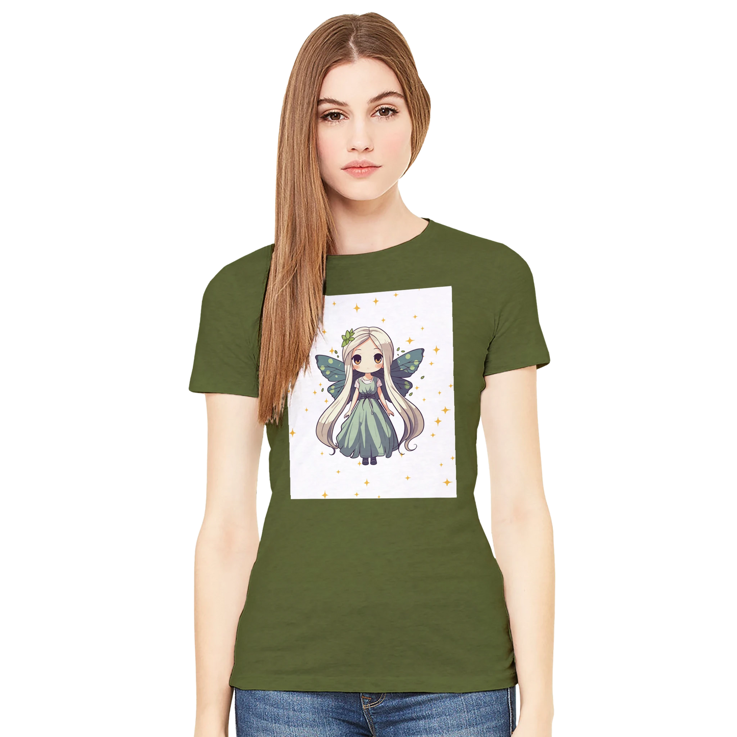 Chibi-style fairy princess graphic design on women's t-shirt, magical fantasy character illustration