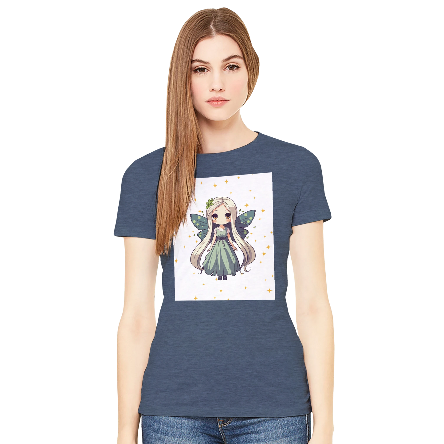 Chibi-style fairy princess graphic design on women's t-shirt, magical fantasy character illustration