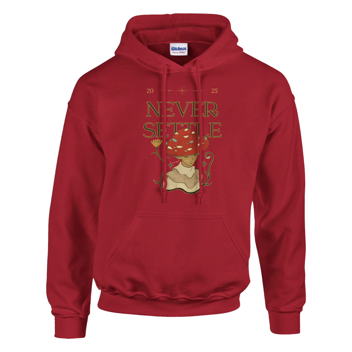 Never Settle Mushroom character design, cute motivational fungi illustration, Gildan 18500 fit and quality.