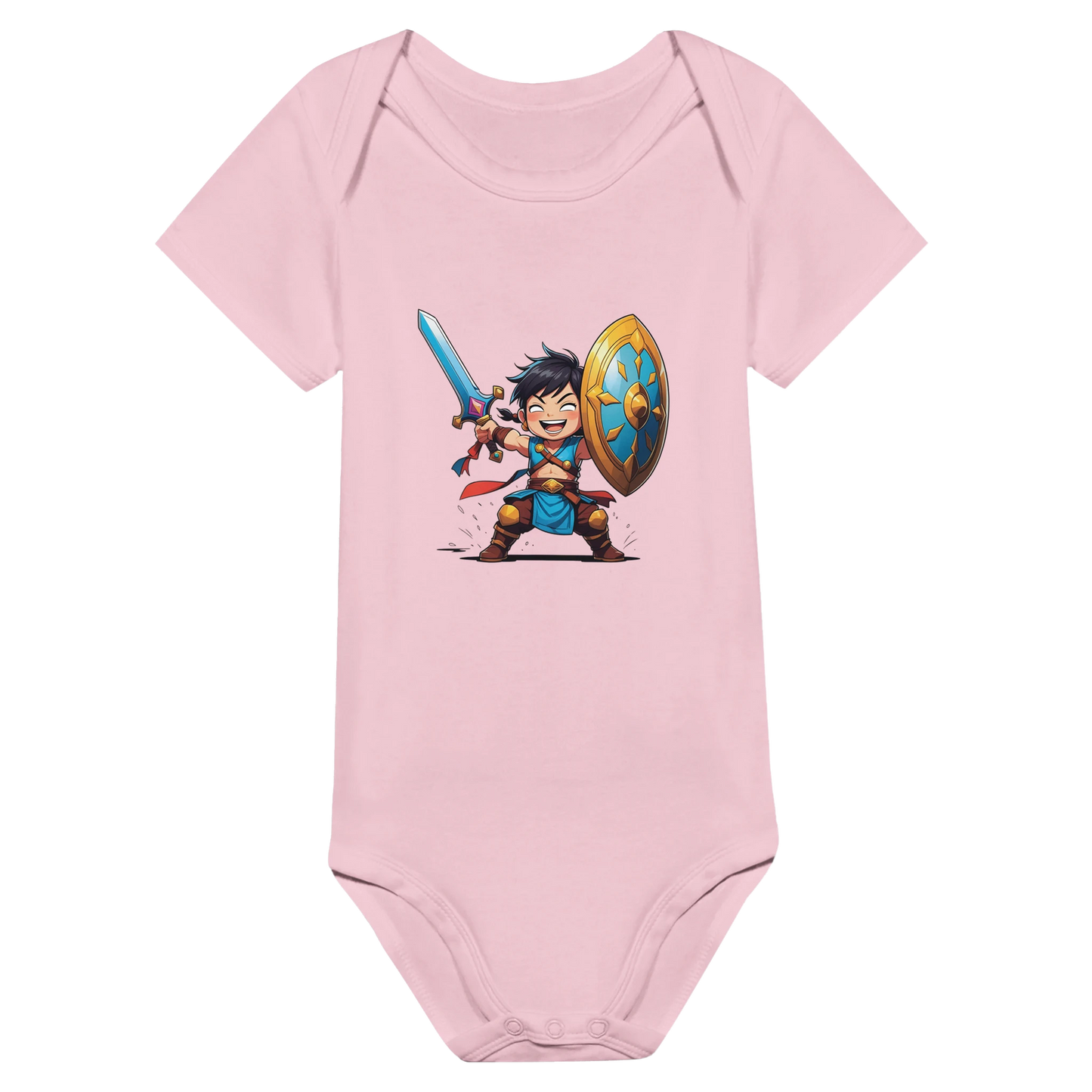 Baby onsie featuring a D&D-inspired fighter design. Includes fantasy-themed artwork with bold weapons and playful, adventurous style for little warriors.