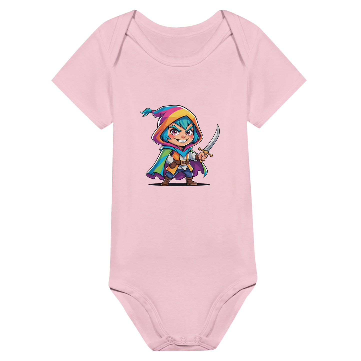 Infant bodysuit with fantasy-themed rogue. D&D-inspired baby outfit perfect for game nights, baby showers, or nerdy parents.