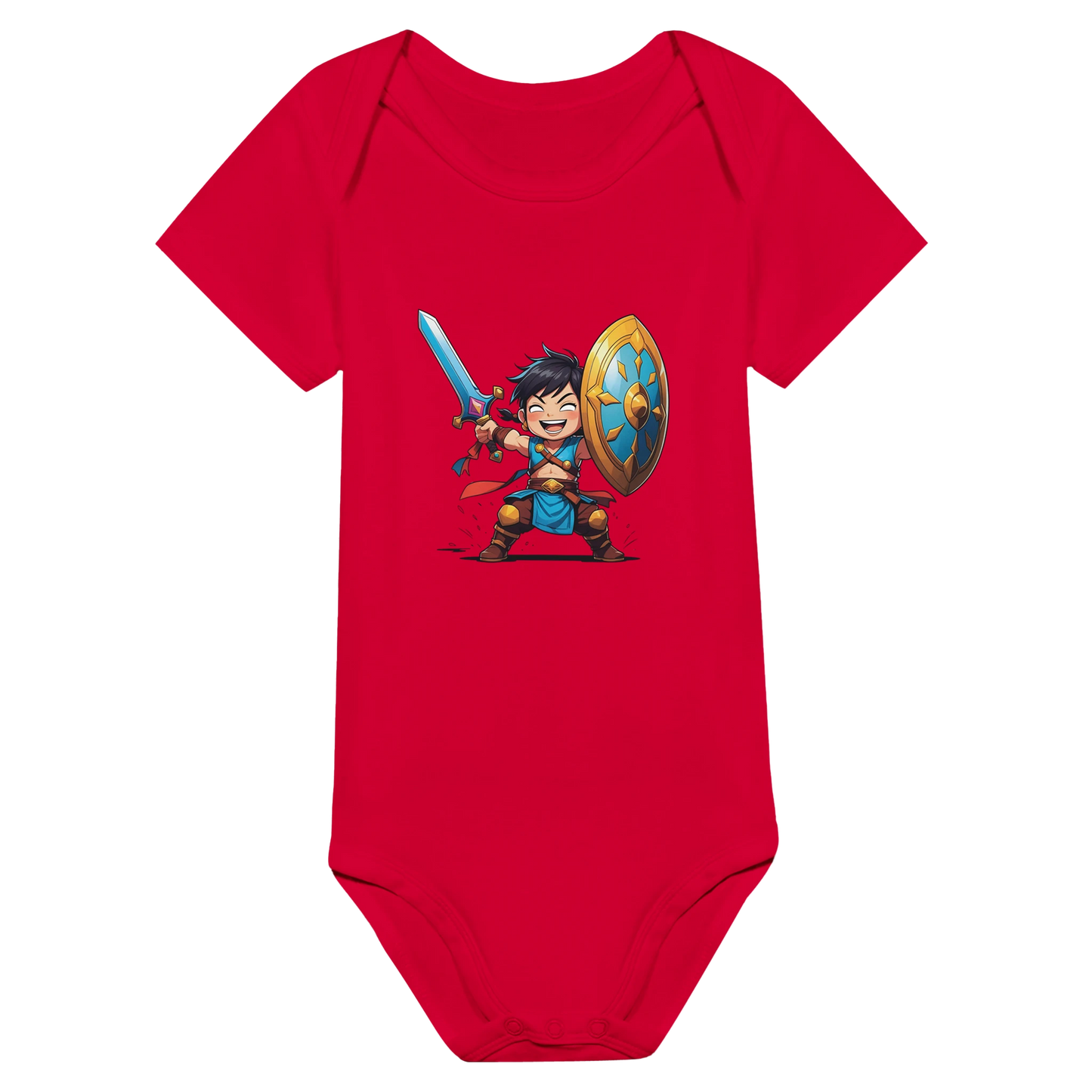 Baby onsie featuring a D&D-inspired fighter design. Includes fantasy-themed artwork with bold weapons and playful, adventurous style for little warriors.