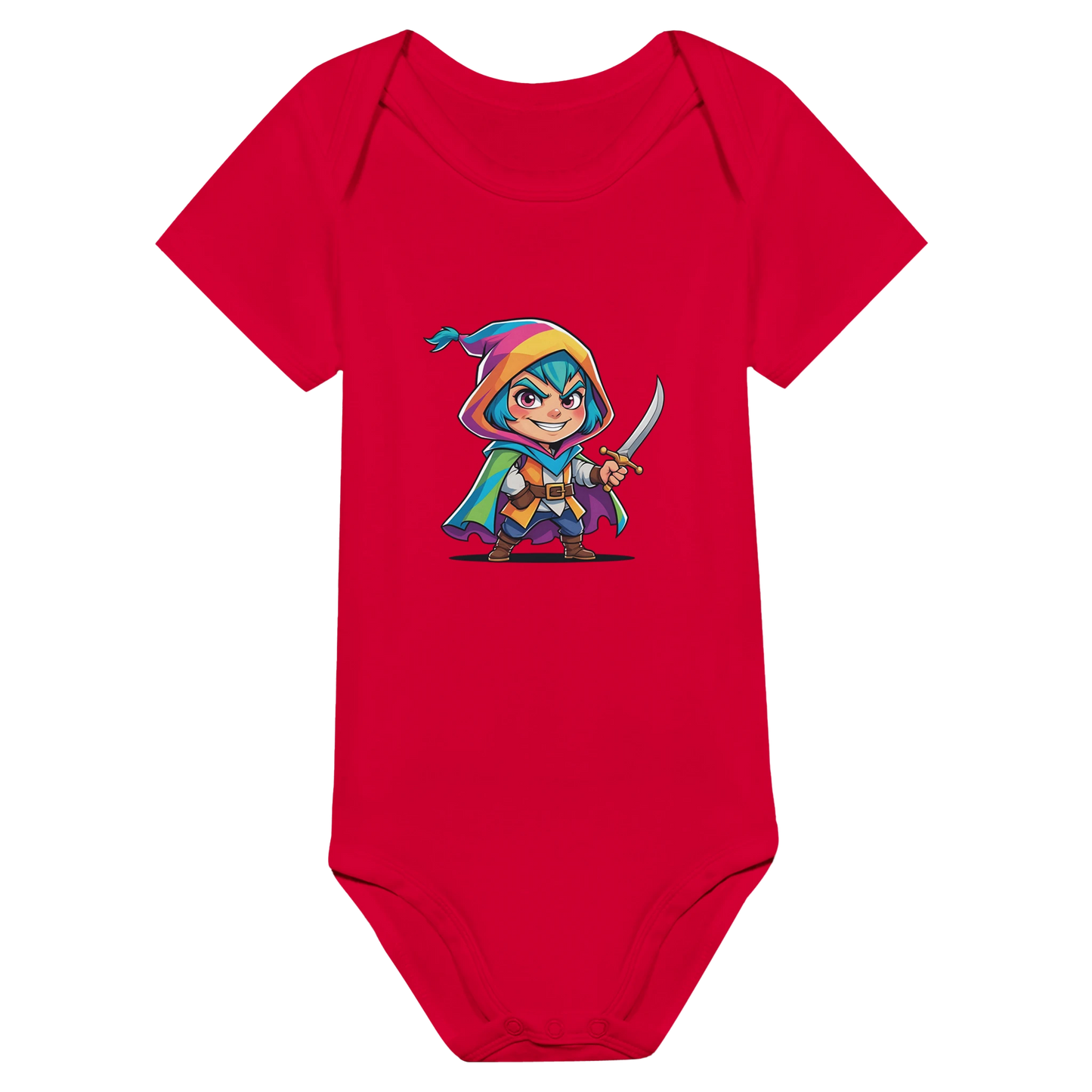 Infant bodysuit with fantasy-themed rogue. D&D-inspired baby outfit perfect for game nights, baby showers, or nerdy parents.