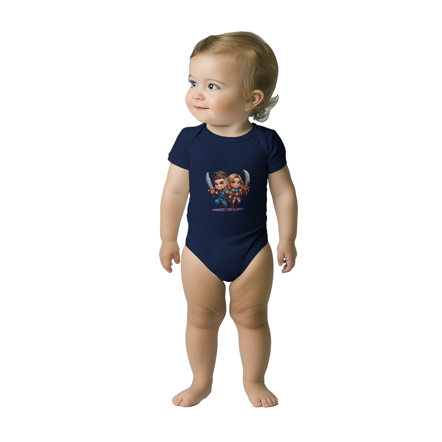 Gaming-themed baby bodysuit with 'Snack Thief' text and RPG-style level 1 character design