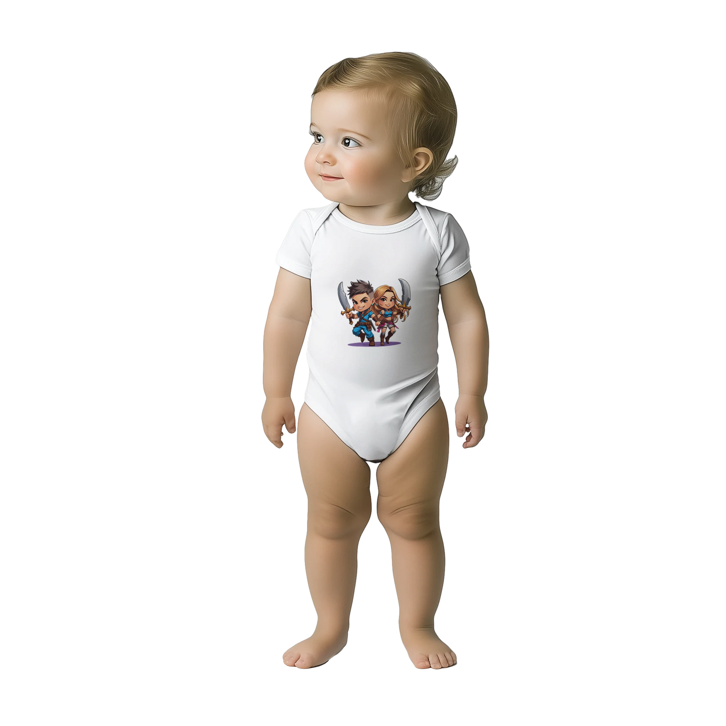 Gaming-themed baby bodysuit with 'Snack Thief' text and RPG-style level 1 character design