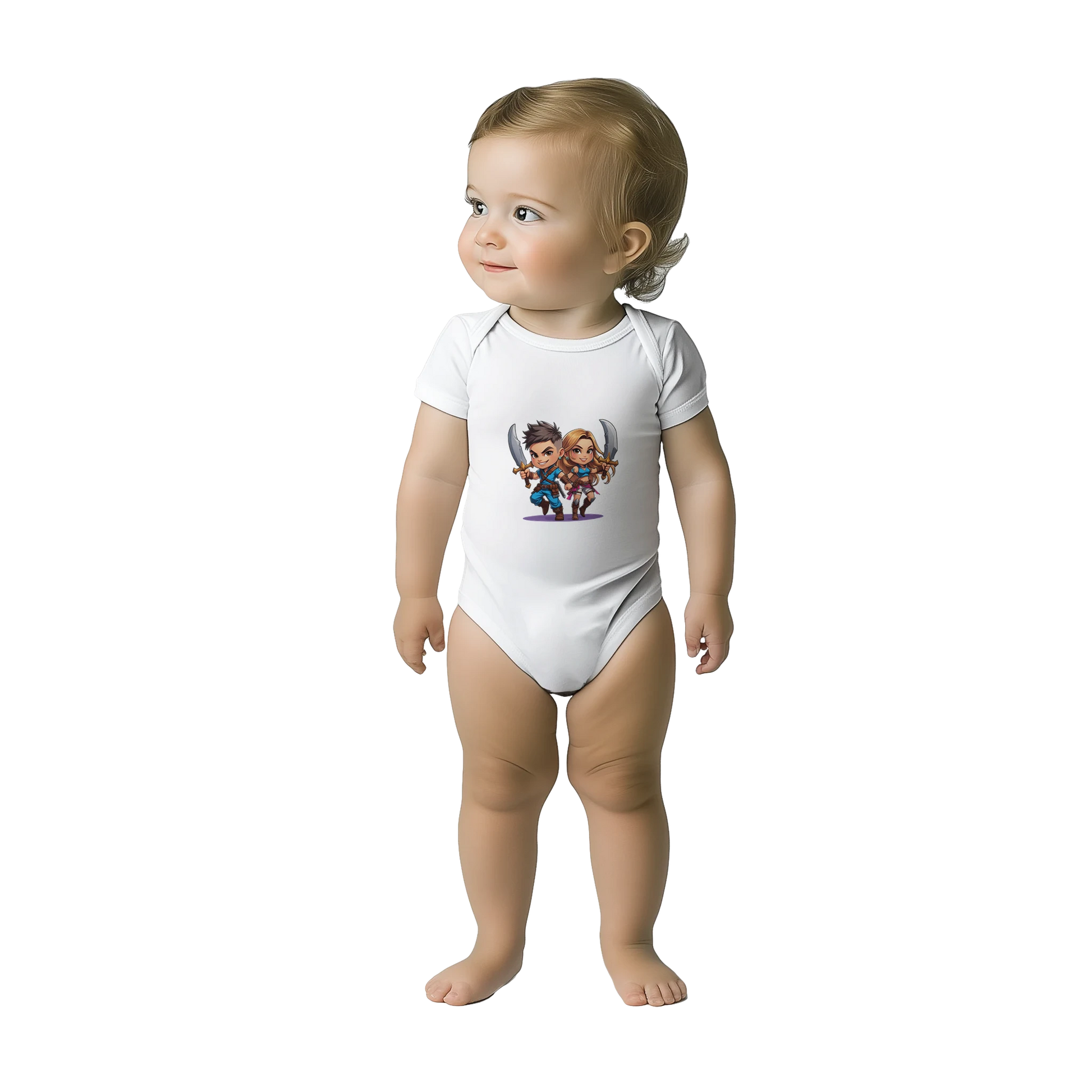 Gaming-themed baby bodysuit with 'Snack Thief' text and RPG-style level 1 character design