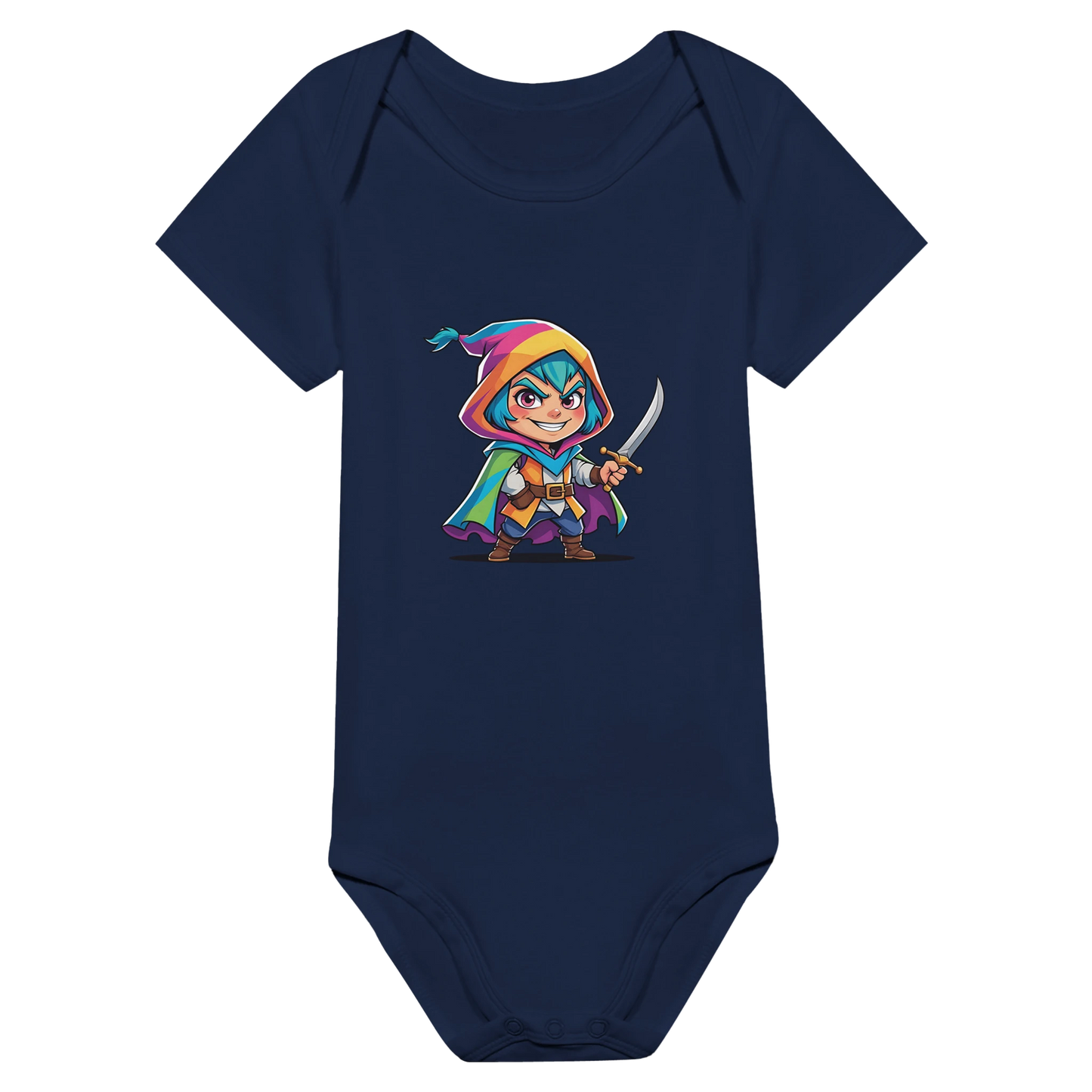 Infant bodysuit with fantasy-themed rogue. D&D-inspired baby outfit perfect for game nights, baby showers, or nerdy parents.