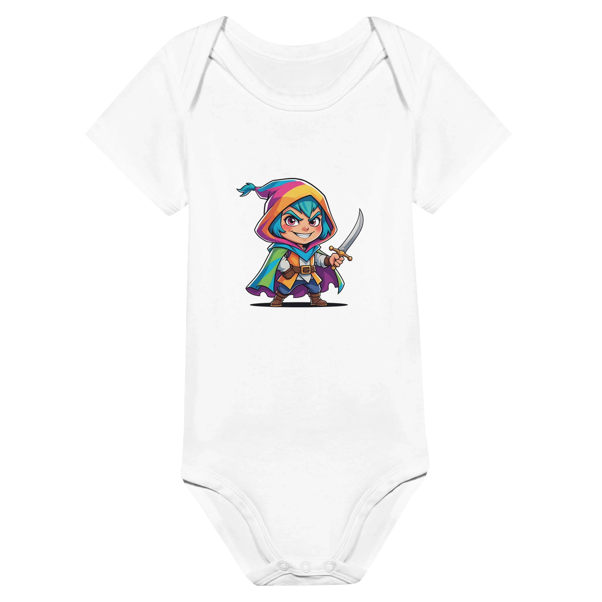 Infant onsie with fantasy-themed “Level 1 Rogue” text in white. D&D-inspired baby outfit perfect for game nights, baby showers, or nerdy parents. 