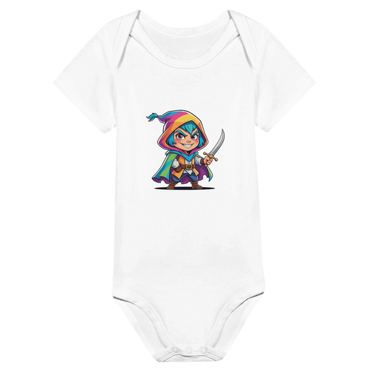 Infant onsie with fantasy-themed “Level 1 Rogue” text in white. D&D-inspired baby outfit perfect for game nights, baby showers, or nerdy parents. 