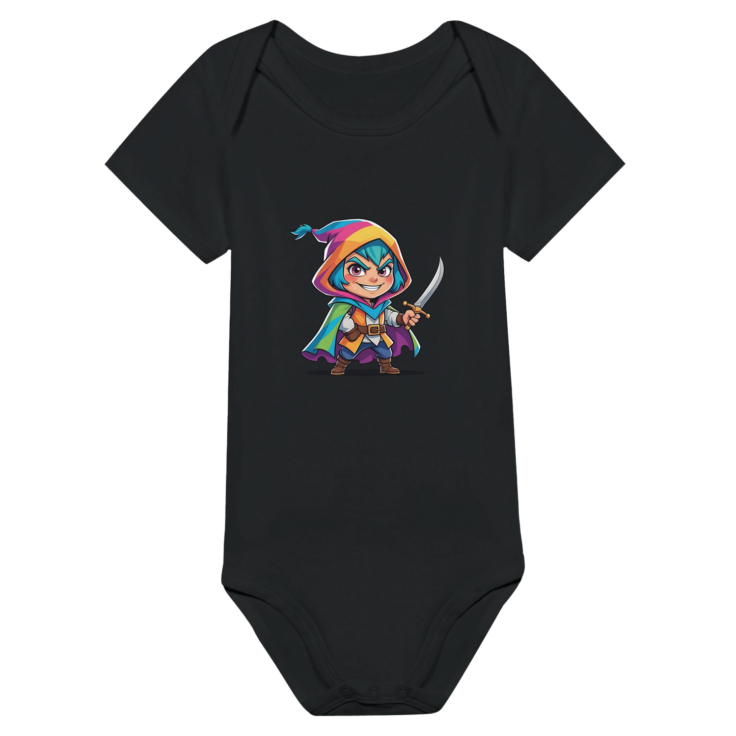 Infant onsie with fantasy-themed “Level 1 Rogue” text in white. D&D-inspired baby outfit perfect for game nights, baby showers, or nerdy parents. 