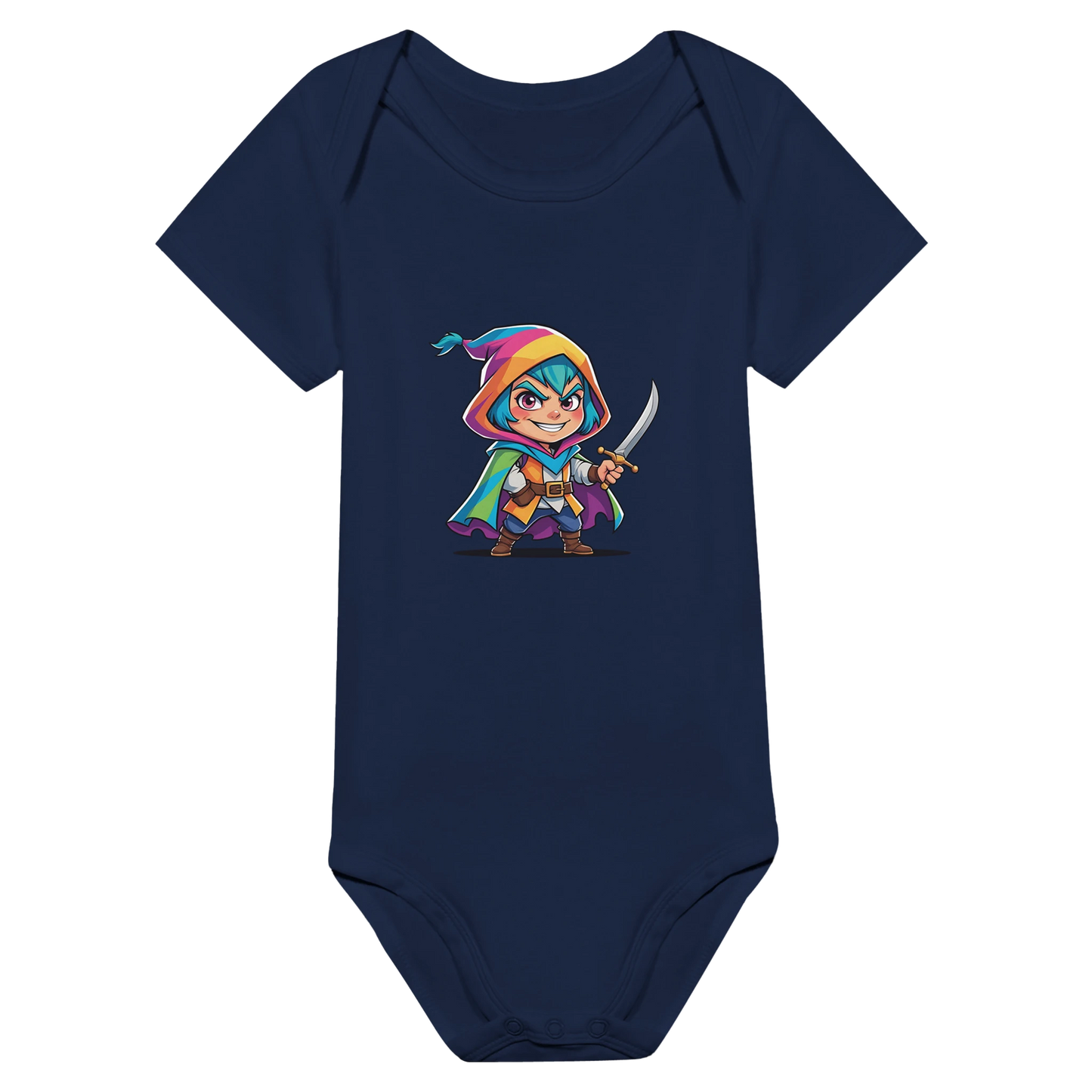 Infant onsie with fantasy-themed “Level 1 Rogue” text in white. D&D-inspired baby outfit perfect for game nights, baby showers, or nerdy parents. 