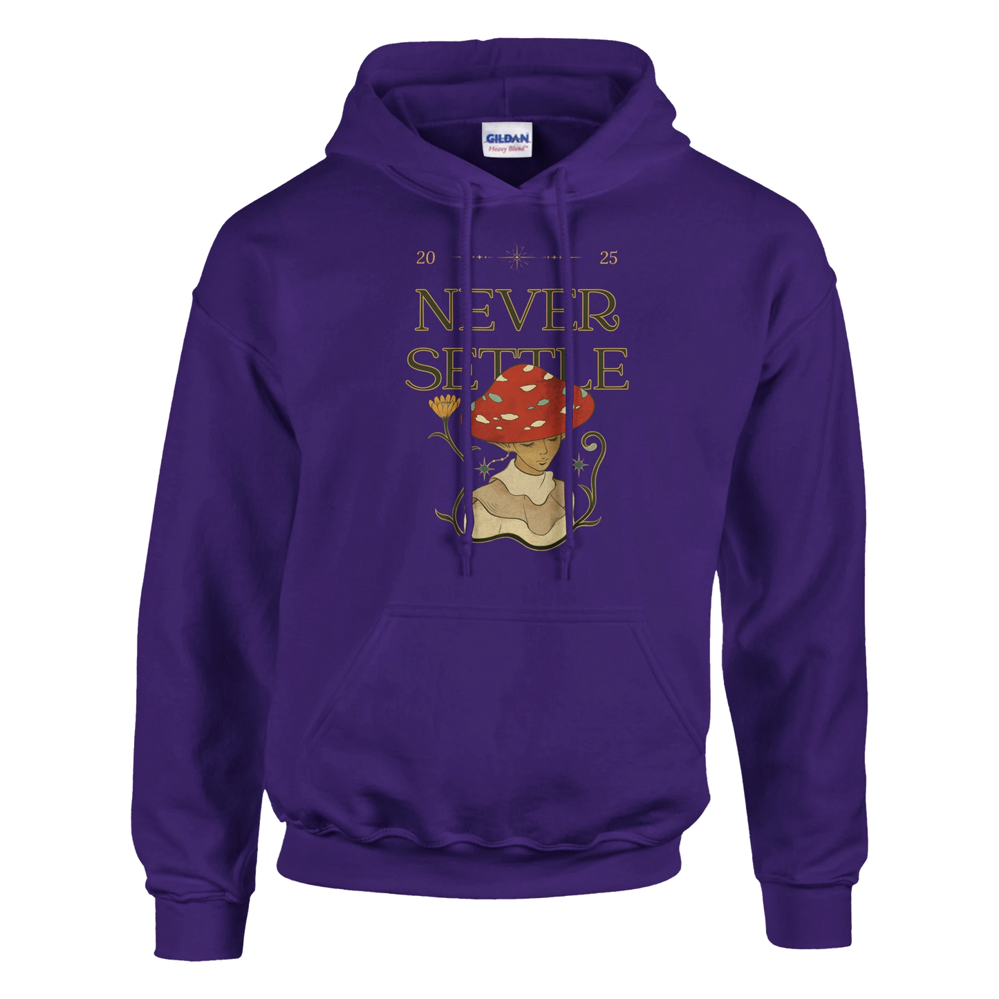 Never Settle Mushroom character design, cute motivational fungi illustration, Gildan 18500 fit and quality.