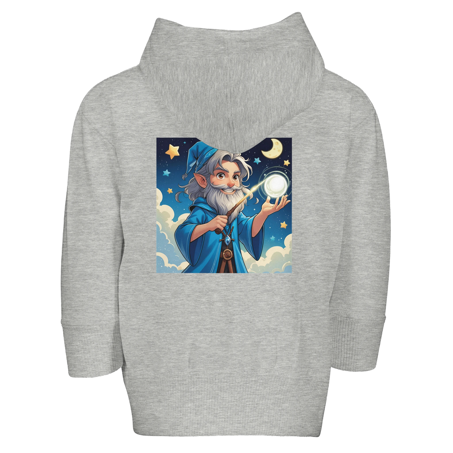 Soft fleece hoodie for infants featuring 'Little Wizard' design with magical graphics, perfect for babies and toddlers of fantasy gaming families.