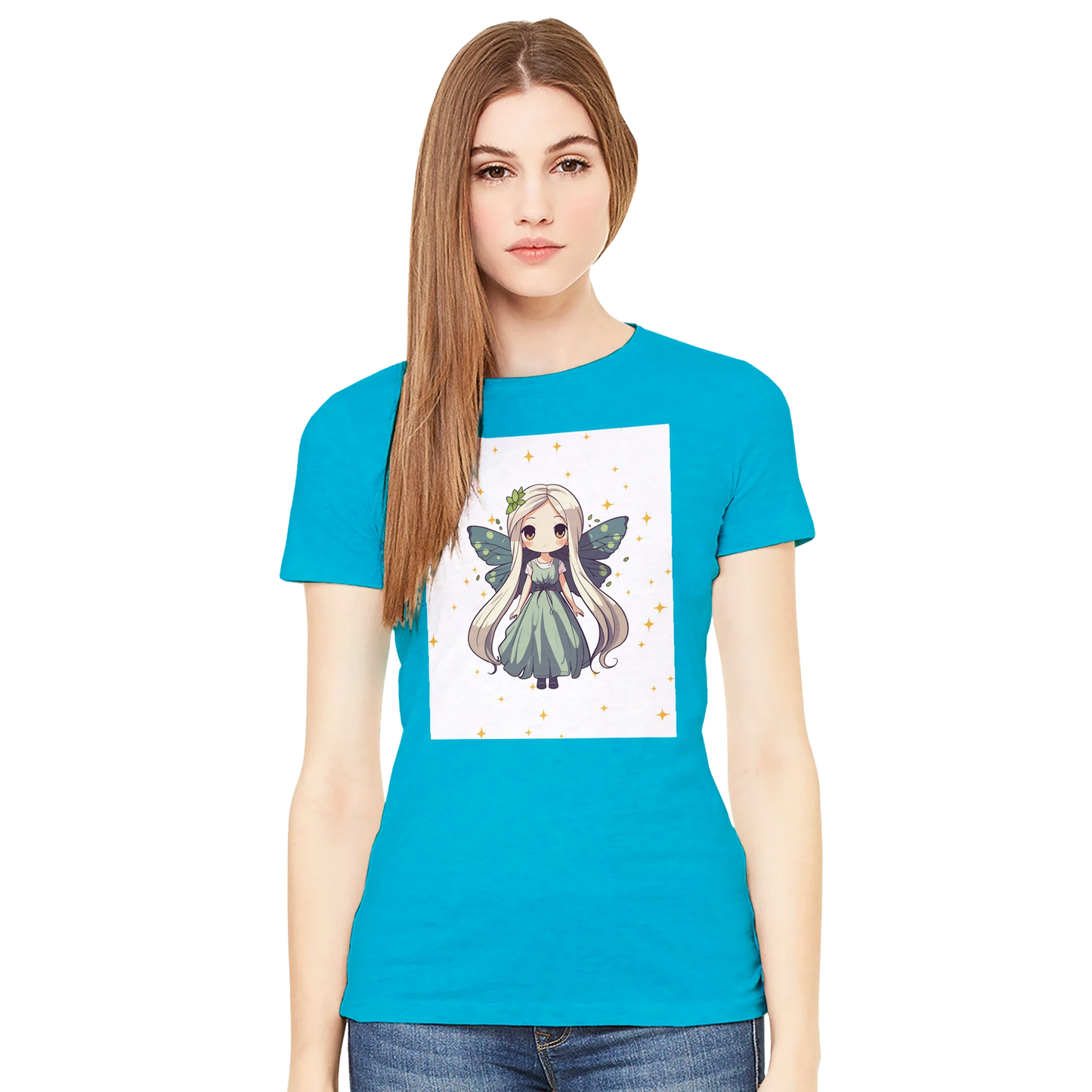 Chibi-style fairy princess graphic design on women's t-shirt, magical fantasy character illustration