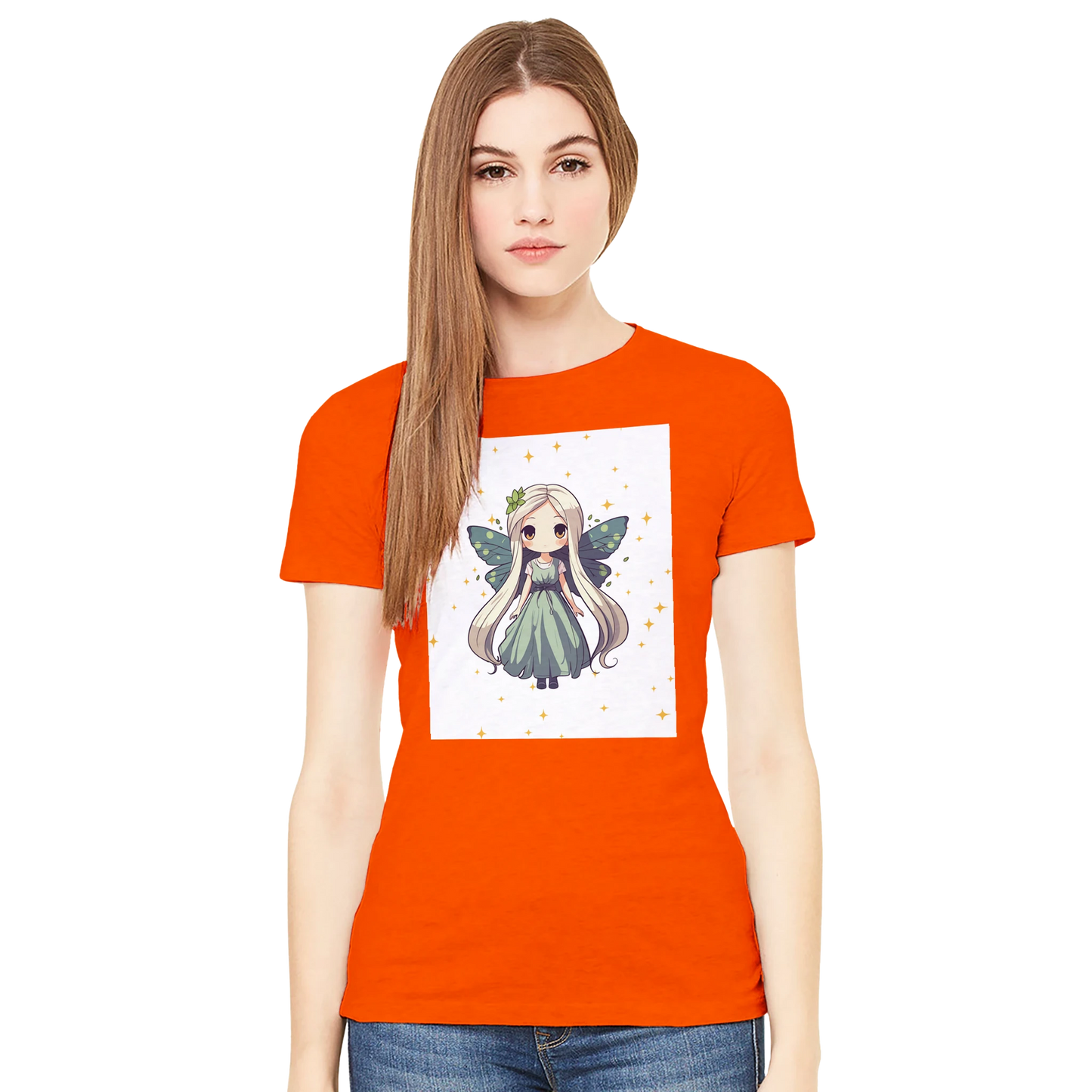 Chibi-style fairy princess graphic design on women's t-shirt, magical fantasy character illustration